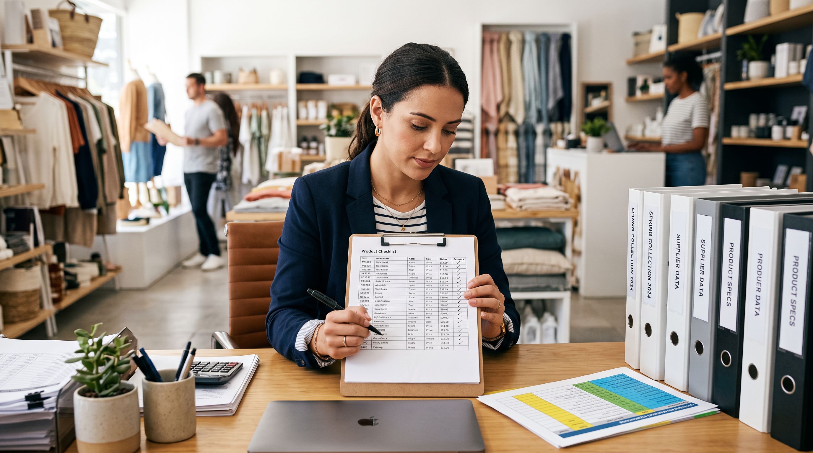 Retail merchant at a bright desk reviewing a printed checklist of product data fields on a clipboard, organised product binders visible beside them.