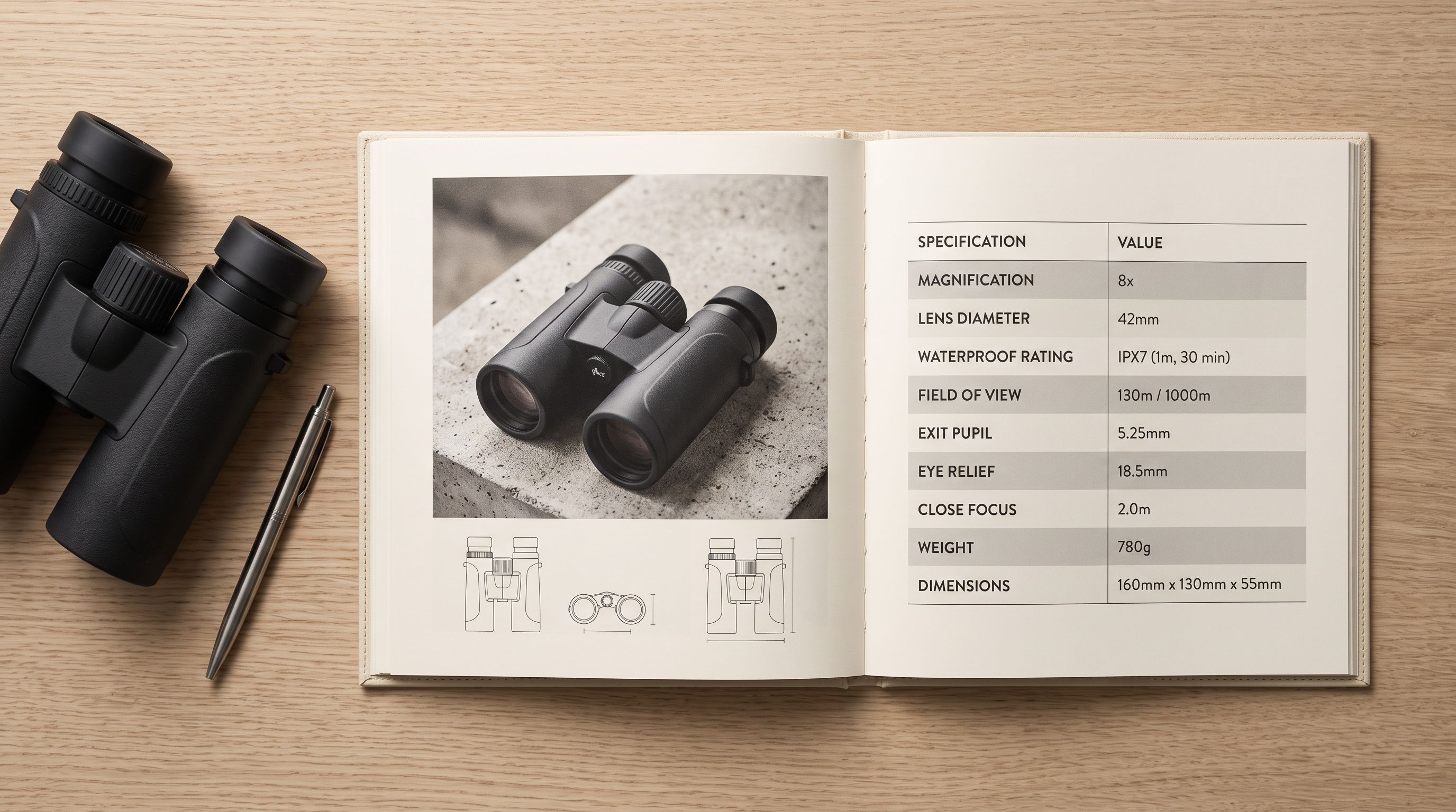 Open product catalogue with a structured attribute specification table laid flat on a light wooden surface beside the product being catalogued.