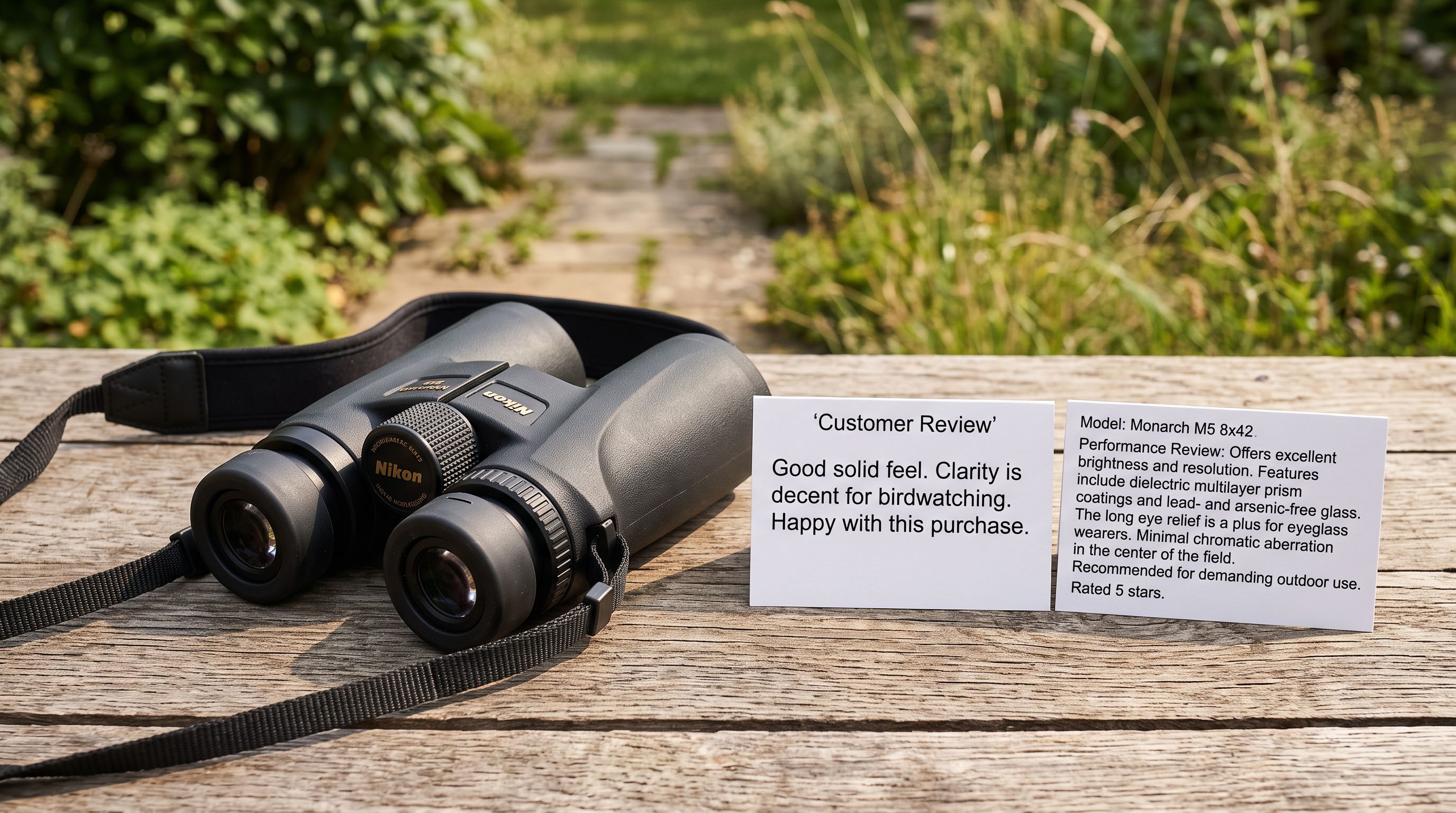 Pair of binoculars resting on a wooden outdoor table beside two printed customer review cards of different lengths, natural daylight background.
