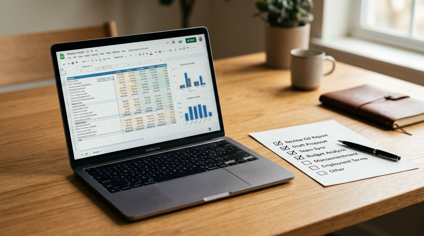 A spreadsheet open on a laptop on a clean wooden desk showing product data rows, a printed checklist beside it, warm overhead studio lighting, shallow depth of field.