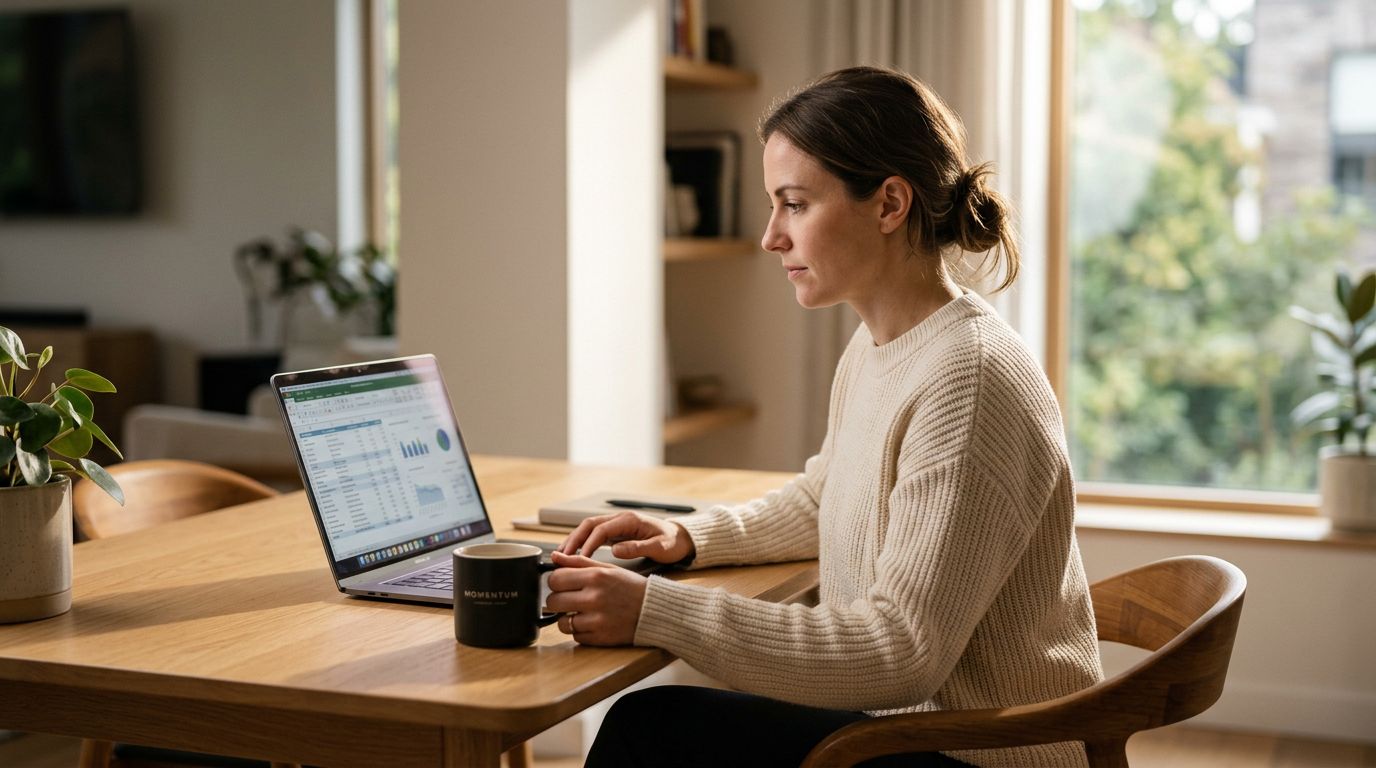 A person at a clean desk reviewing a laptop screen showing a product list, a coffee mug to one side, warm natural light from a window.