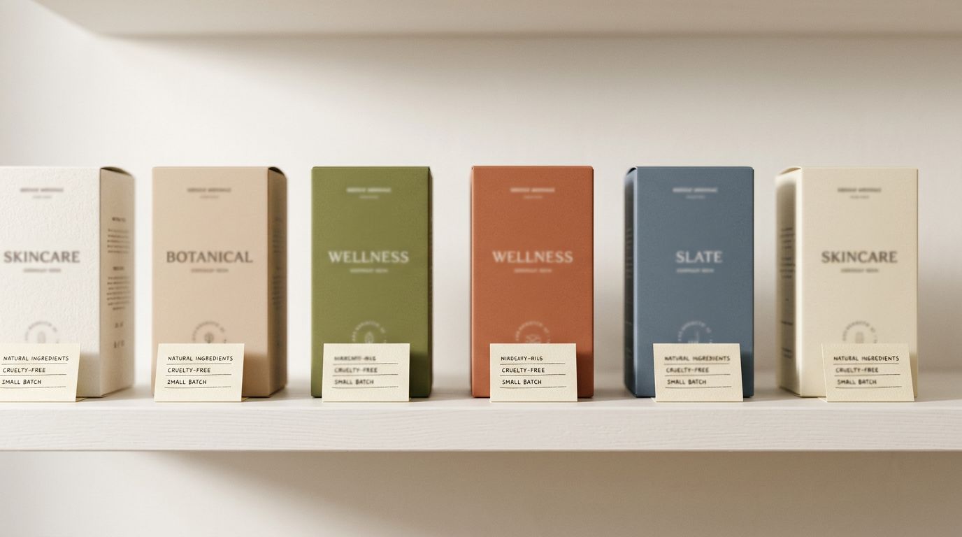 Several product boxes arranged on a clean shelf in an organised row, each with a label card showing product attributes, overhead warm studio lighting.