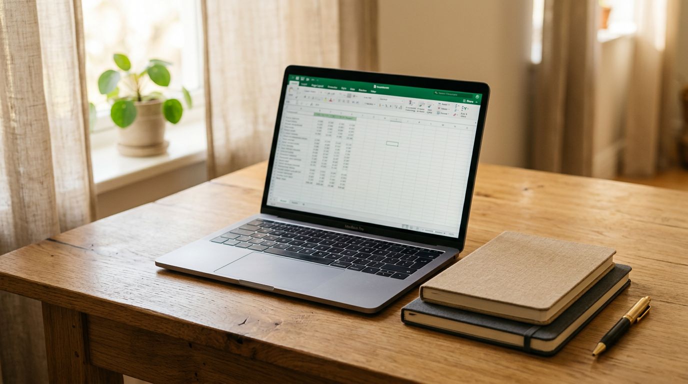 A clean desk with a laptop open showing a spreadsheet, a small stack of notebooks beside it, soft warm lighting from a window.
