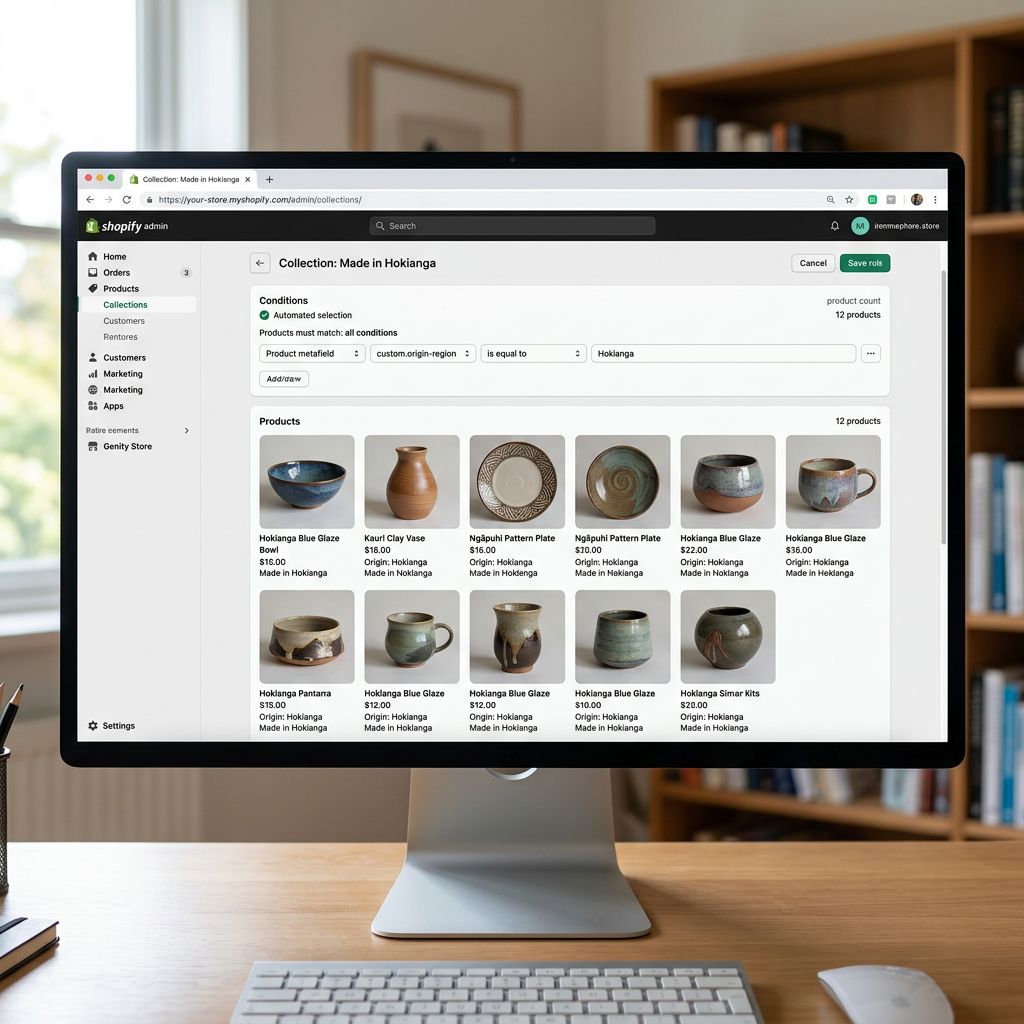 A Shopify admin collection editor on a large monitor showing a Made in Hokianga collection with a metafield rule set to custom.origin-region equals Hokianga, a product count of 12 products, and a collection product grid showing varied ceramic pieces all sharing the Hokianga origin, representing a curated collection built from provenance metafield data without manual product selection, everything in sharp focus no blur no depth of field, colour photography.