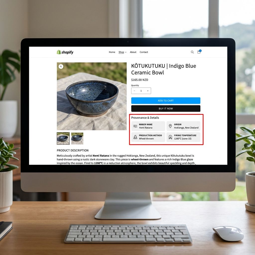 A Shopify storefront product page on a large monitor showing a wheel-thrown ceramics bowl product with labelled metafield sections below the add to cart button displaying maker name as Hemi Ratana origin as Hokianga New Zealand production method as wheel-thrown and firing temperature as 1280 degrees Celsius, each field displayed as a structured label-value pair by the theme, the page also showing the product description which incorporates the same provenance details in narrative form, everything in sharp focus no blur no depth of field, colour photography.
