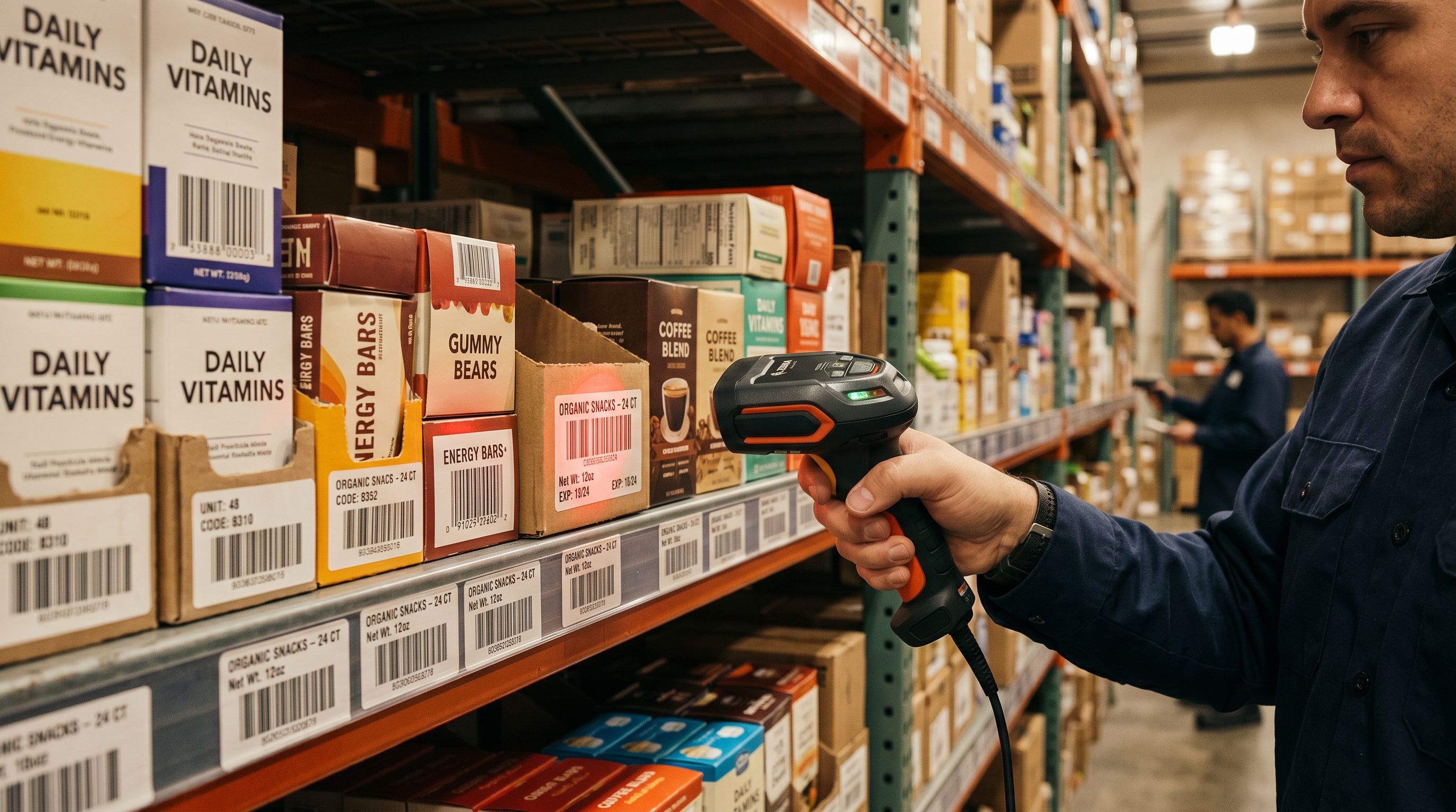A professional handheld barcode scanner reading a product barcode on a warehouse shelf.