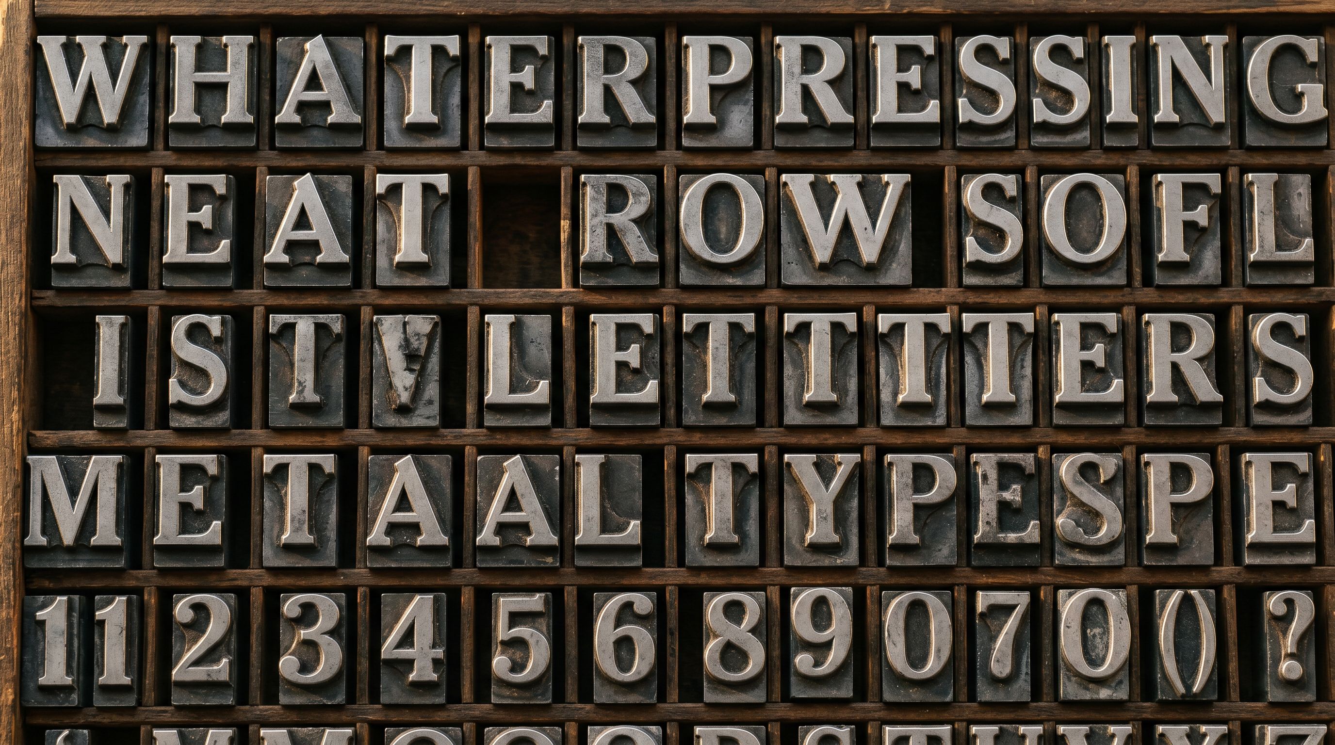 Close-up of vintage letterpress metal type blocks set in a compositing tray, ready for printing.
