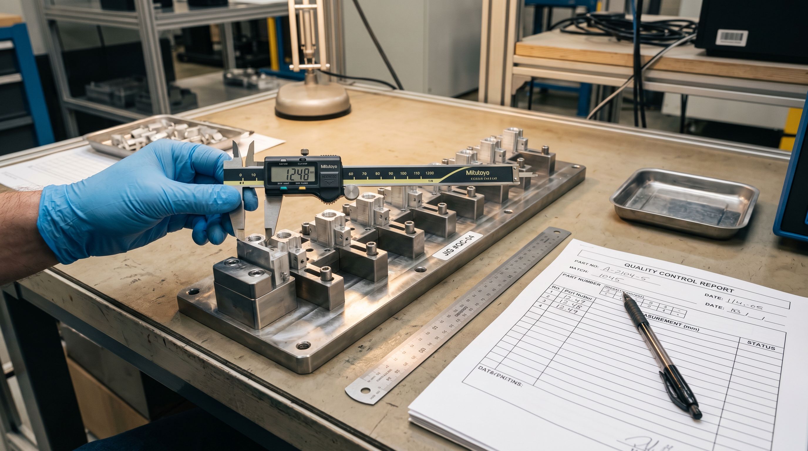 A quality control inspection workbench with precision calipers measuring a manufactured component in a jig fixture.