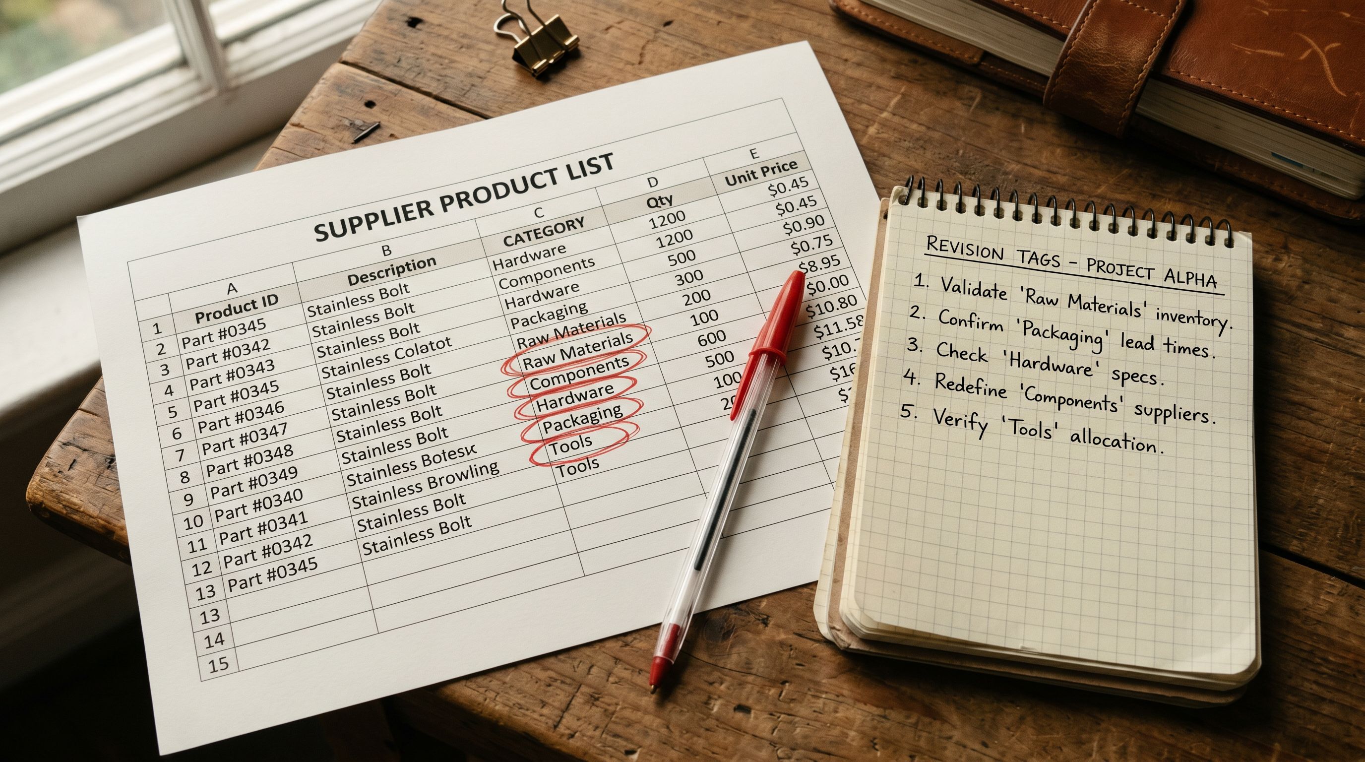 Printed product catalogue on a desk with a tag reference list beside it showing organised category tags and subcategory labels assigned to product rows.