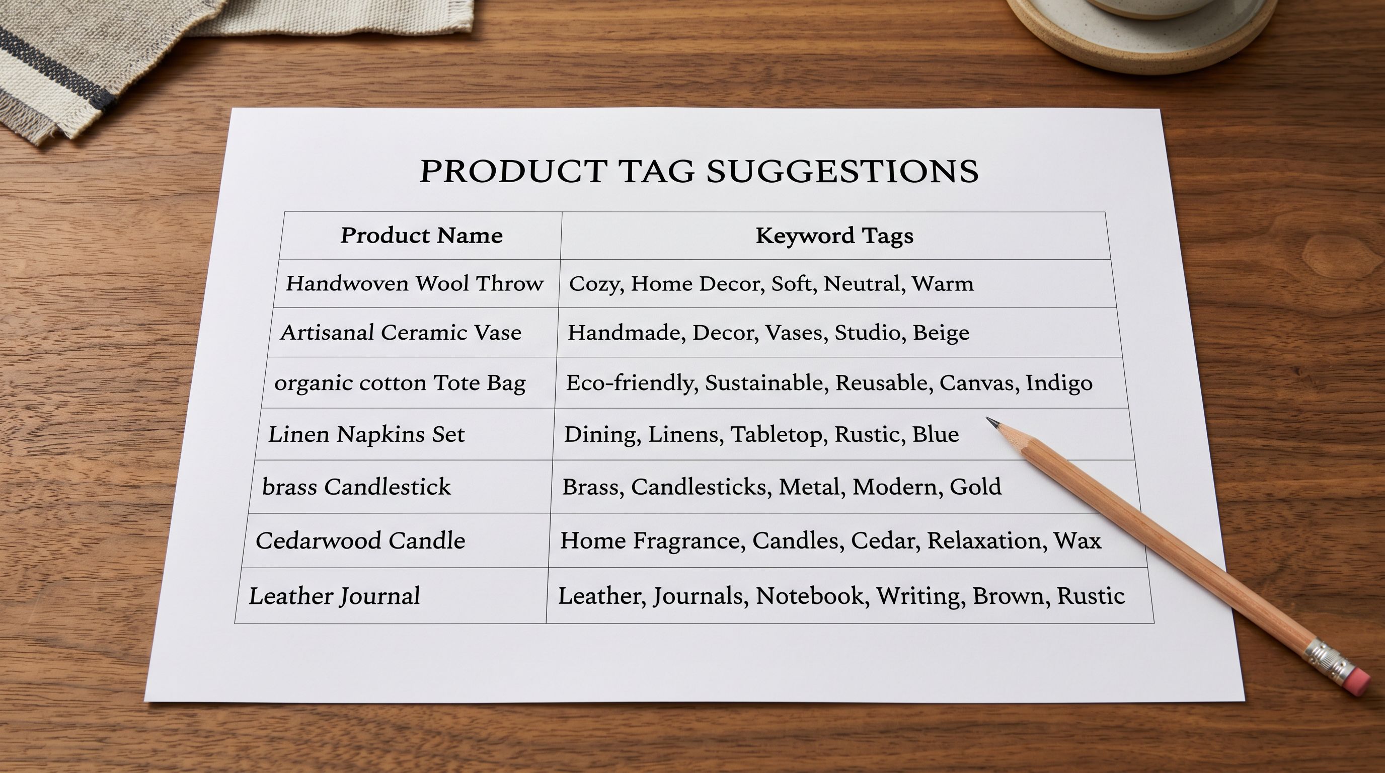 Printed product tag suggestion sheet on a desk showing a list of product titles on the left and a column of AI-generated tag suggestions on the right for each product.