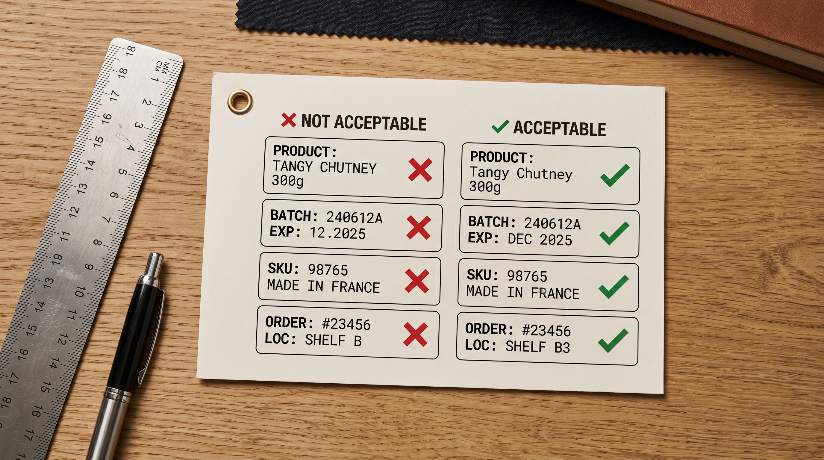 Printed tag format reference card on a desk showing a two-column table with correct and incorrect tag format examples, a ruler aligned along the top margin.