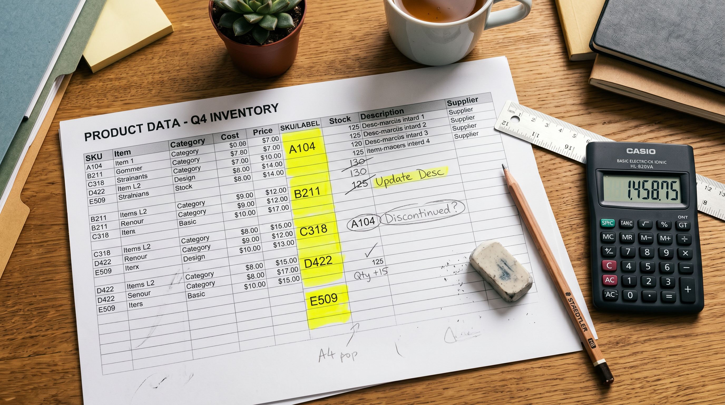 Printed product export spreadsheet on a desk with the Tags column highlighted and pencil annotations showing edited tag values in several rows, beside a ruler and eraser.