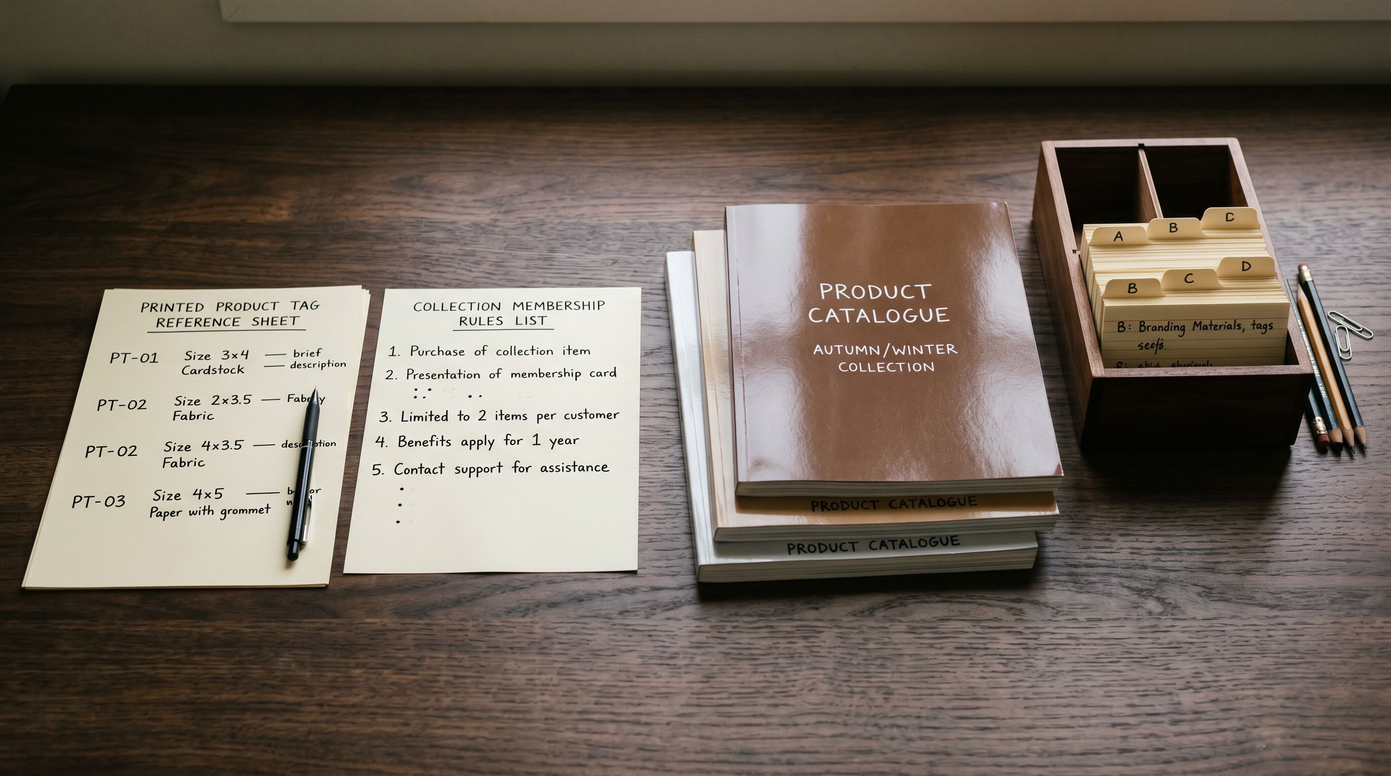 Printed product tag reference sheet and automated collection rules list arranged on a desk beside a stack of product catalogues.