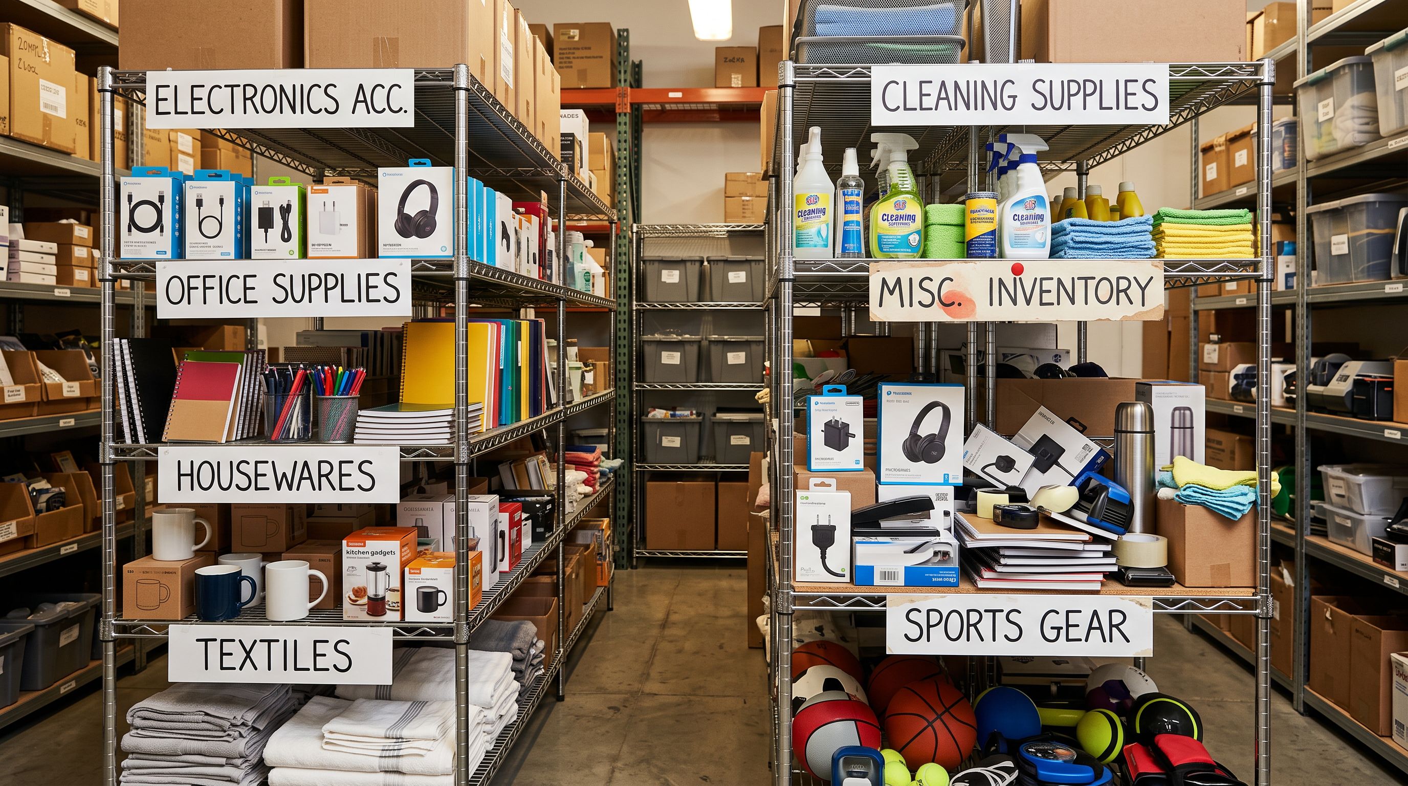 Stockroom metal shelving with products of different types mixed under category signs while adjacent shelves show neatly organised items grouped under correct labels