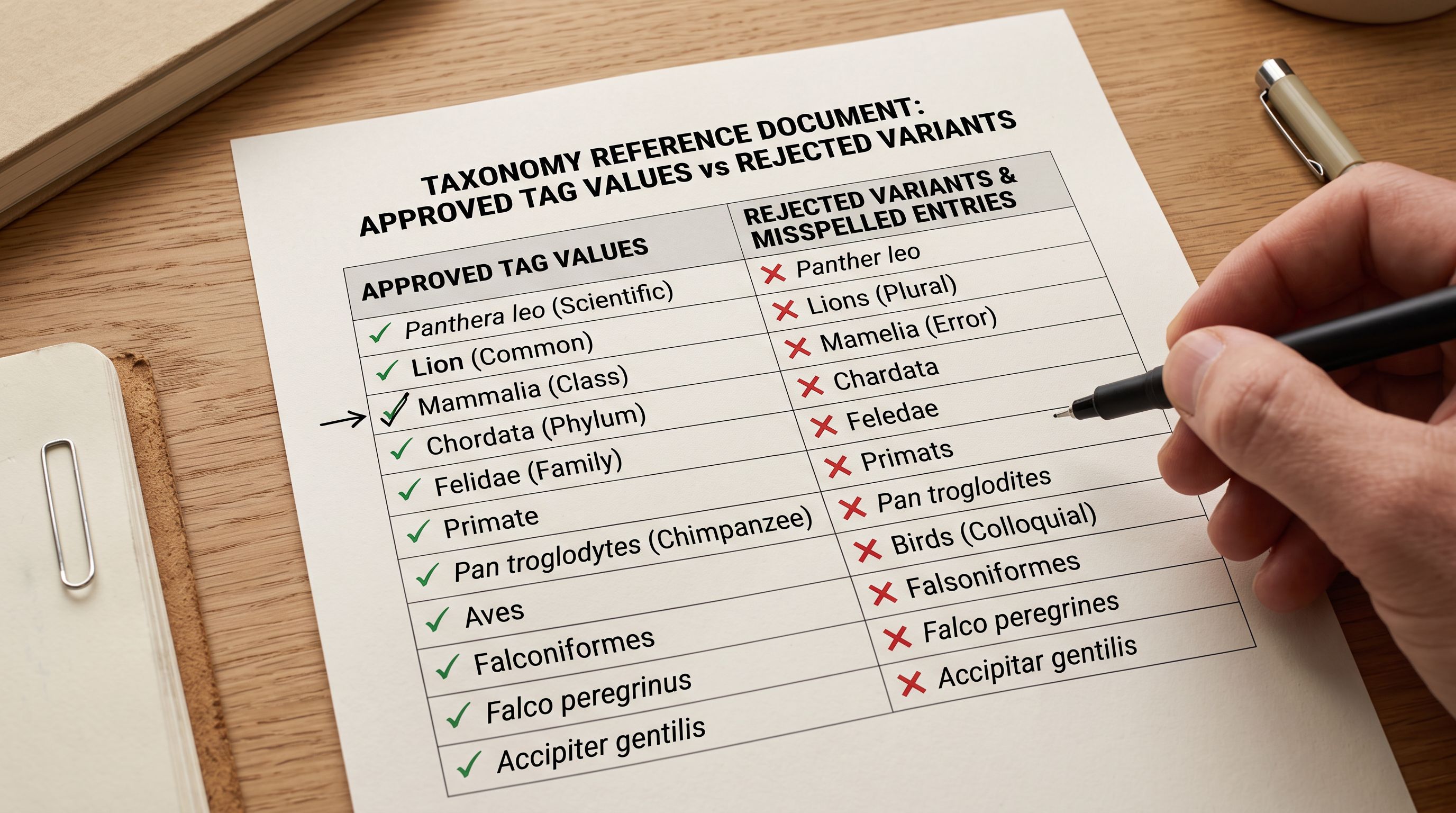 Printed two-column taxonomy reference document on a desk showing approved tag values in one column and rejected variant spellings in the other with a pen marking an approved entry