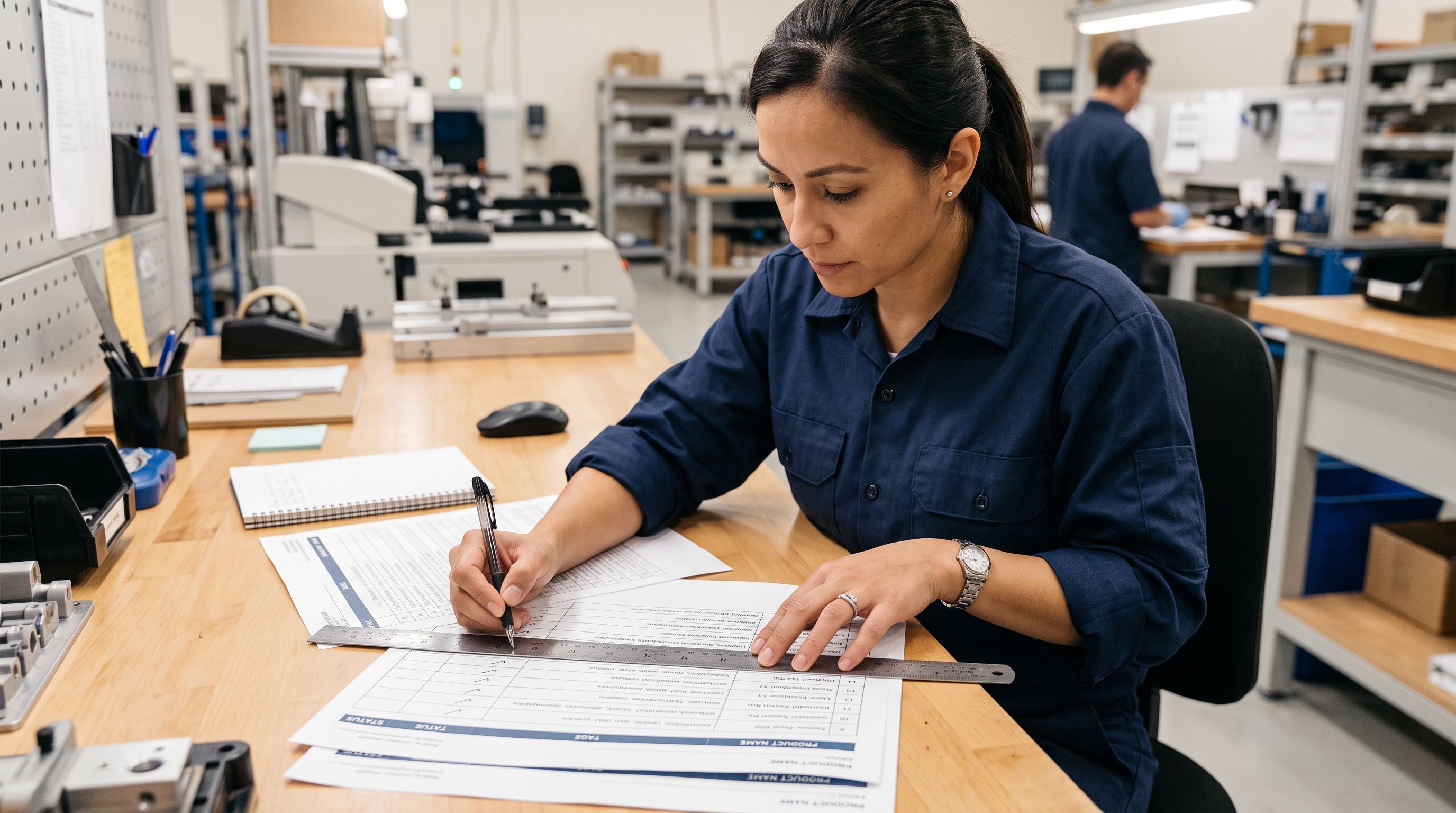 Worker at a workbench checking a printed product data sheet row by row with a ruler, each row showing product name and comma-separated tag field with confirmed entries marked in pen