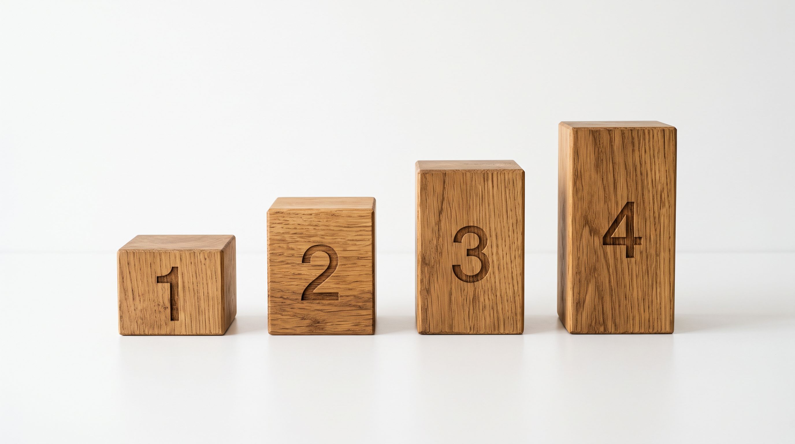 Four labeled wooden blocks arranged in a sequential row on a white surface showing structure.