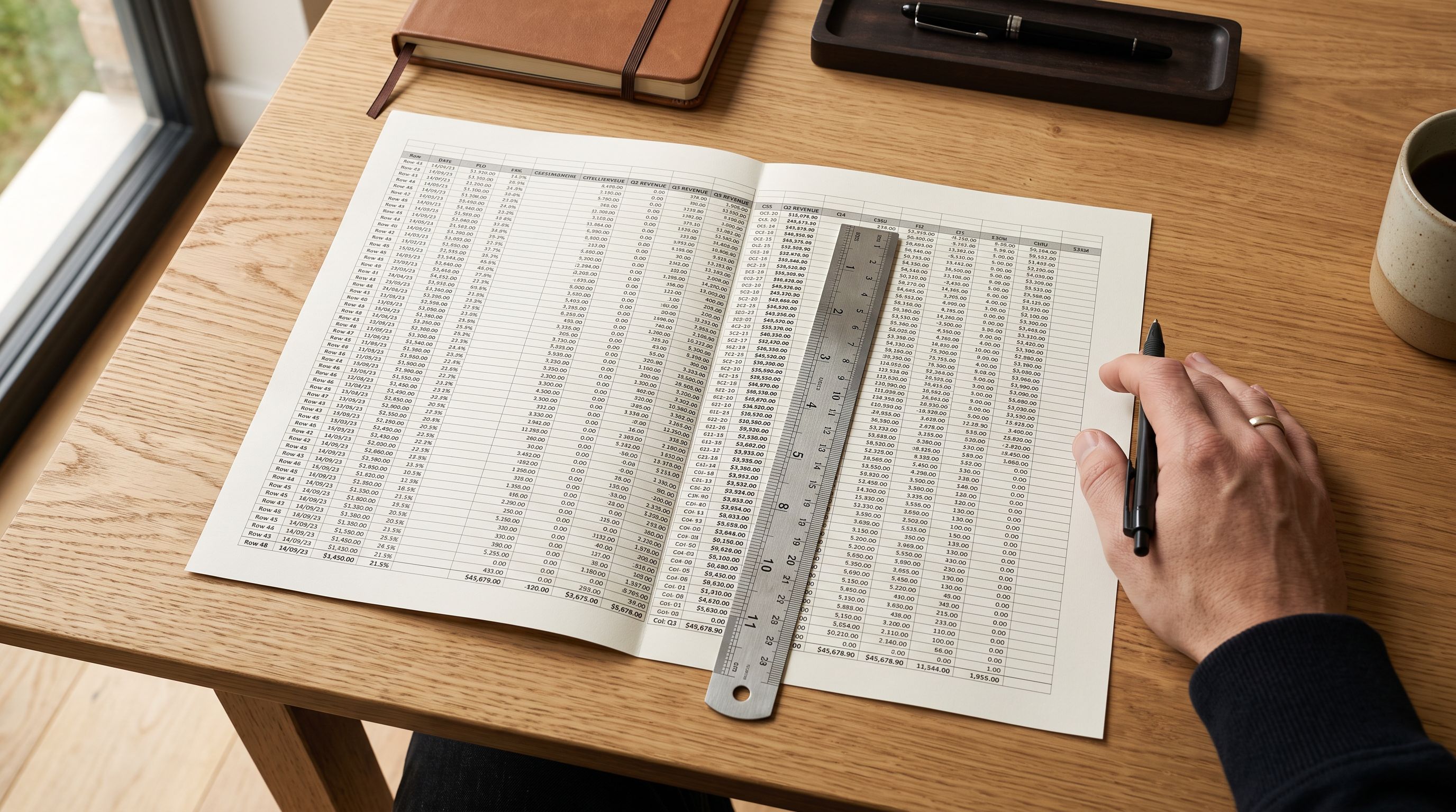 A printed spreadsheet with many rows spread on a light oak desk with a ruler marking a data column.