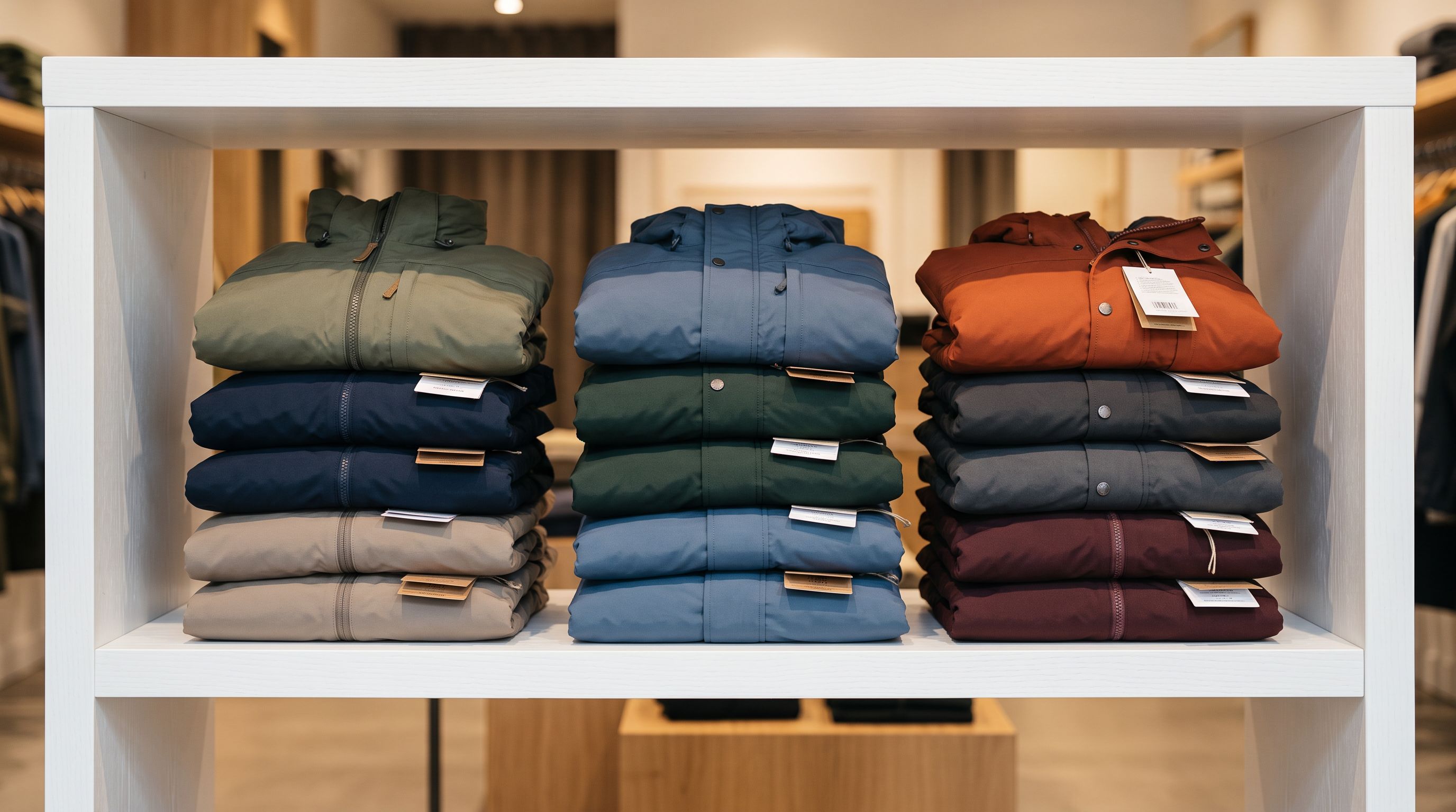 Neatly folded outdoor jackets in muted colours arranged on a white retail shelf with product tags.