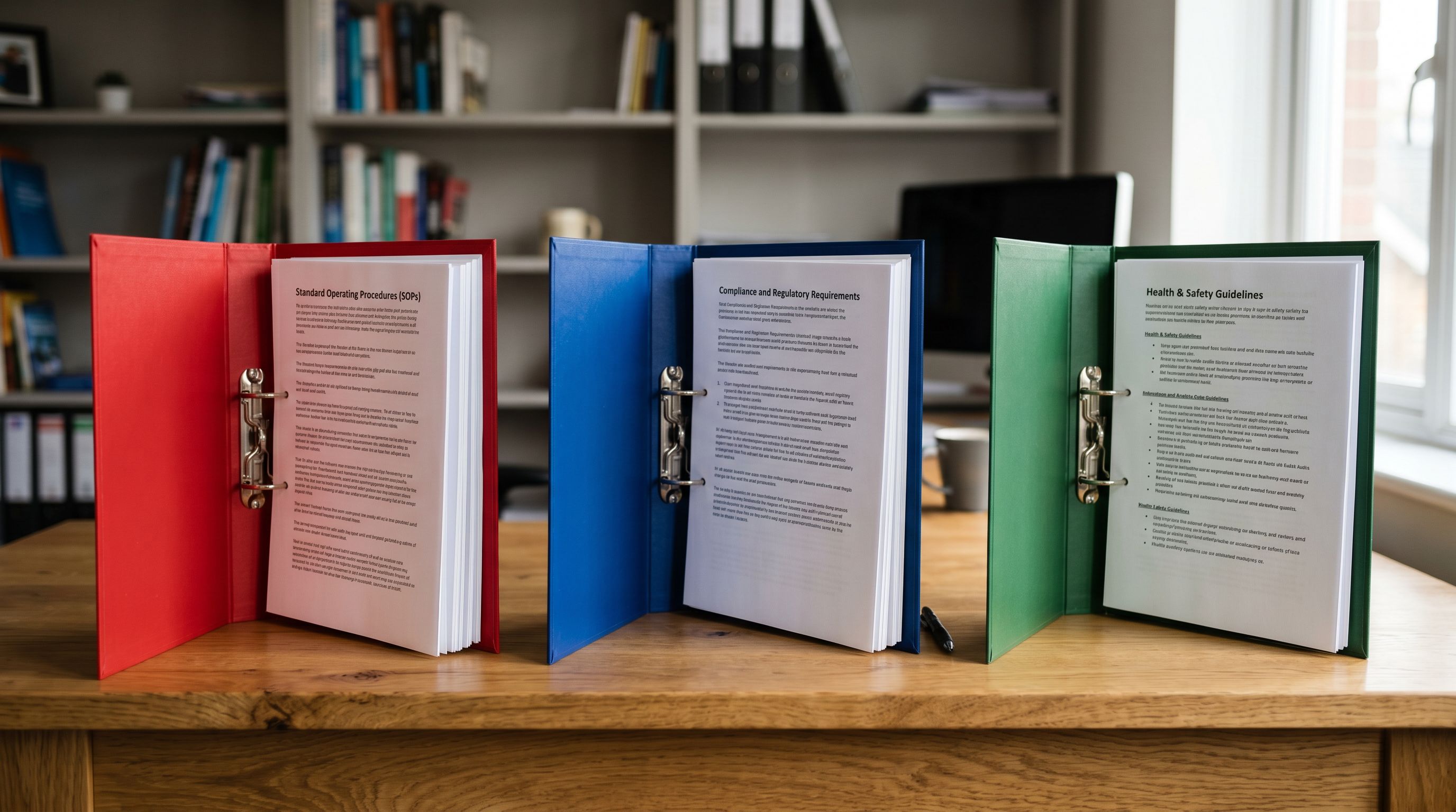 Three open ring binders lined up on a desk, each a different colour, representing different sets of channel requirements.