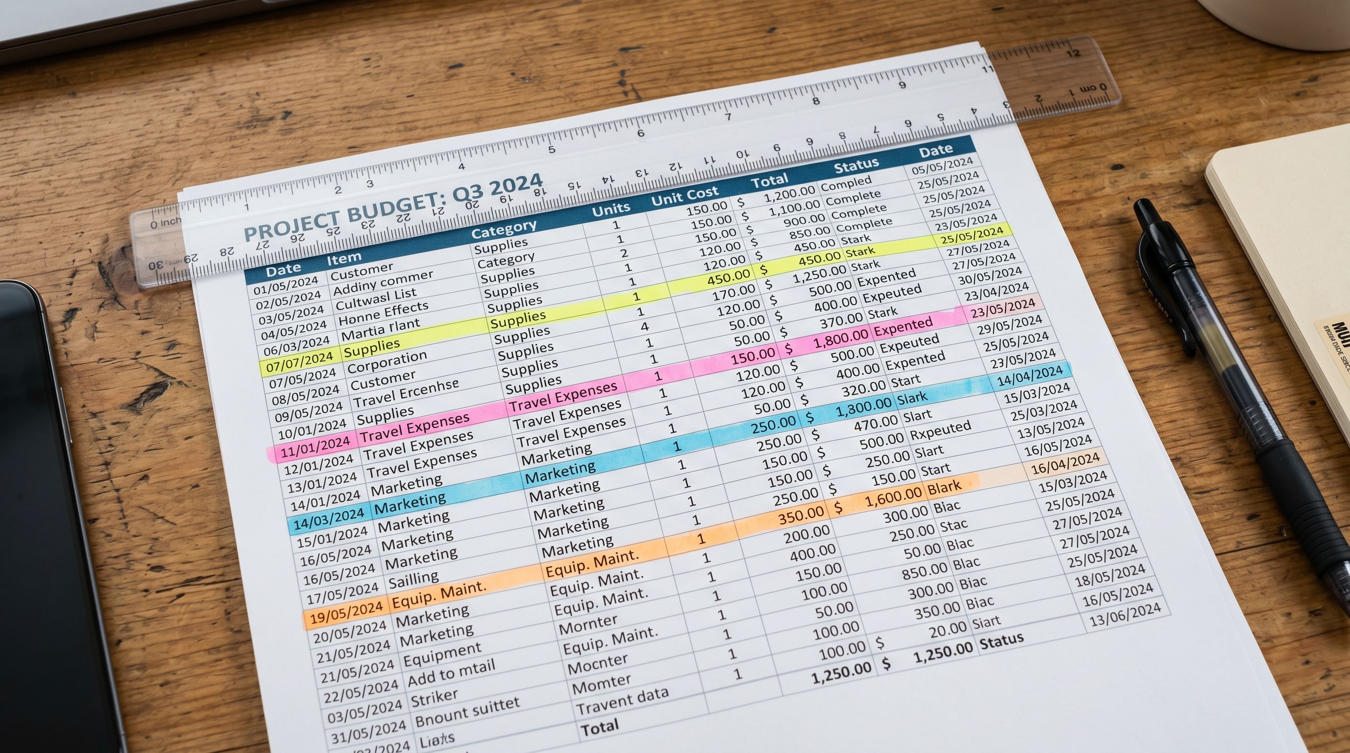 A printed spreadsheet open on a desk with rows highlighted in different colours and a ruler placed across the top.