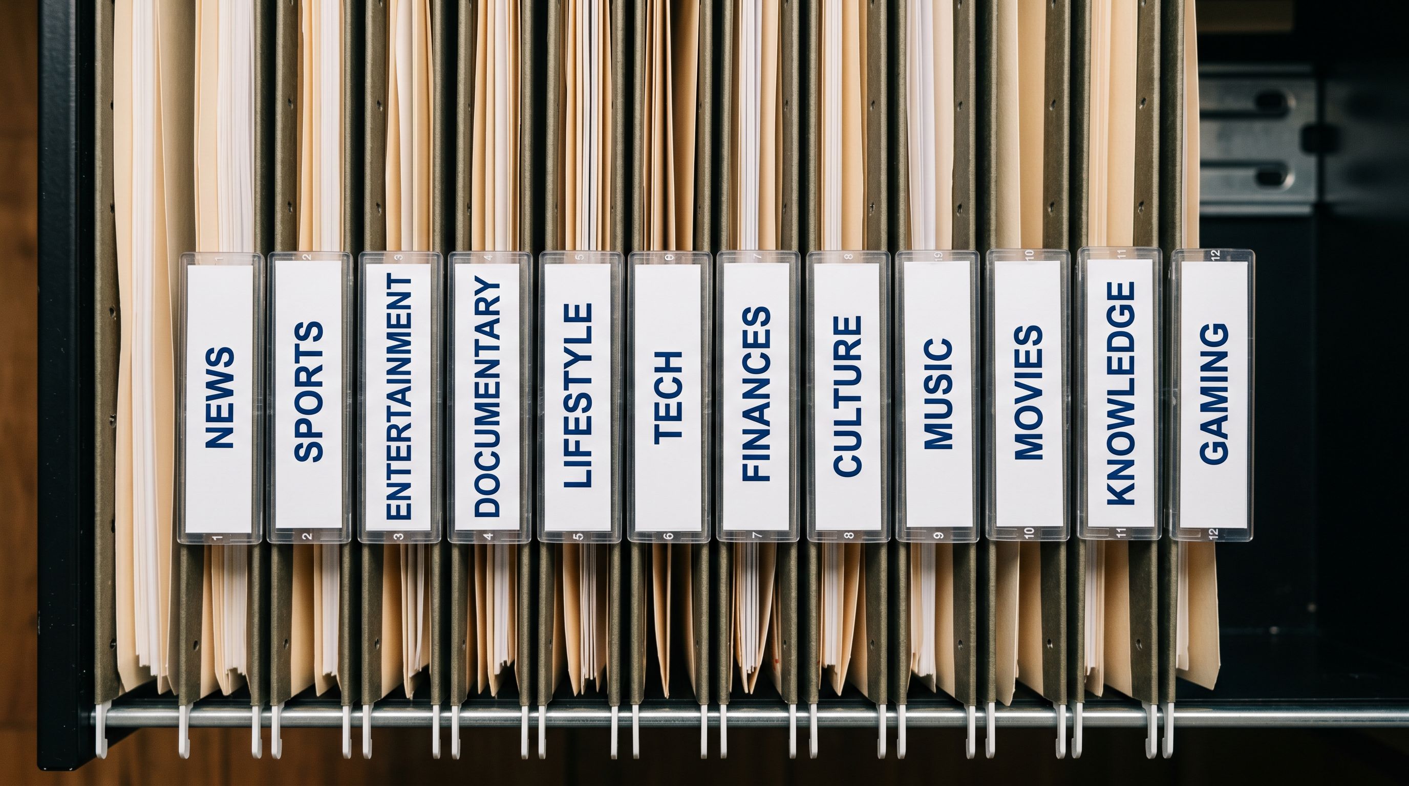 Neatly labelled folder tabs in a filing system viewed from above, each tab distinguishable by a different colour.
