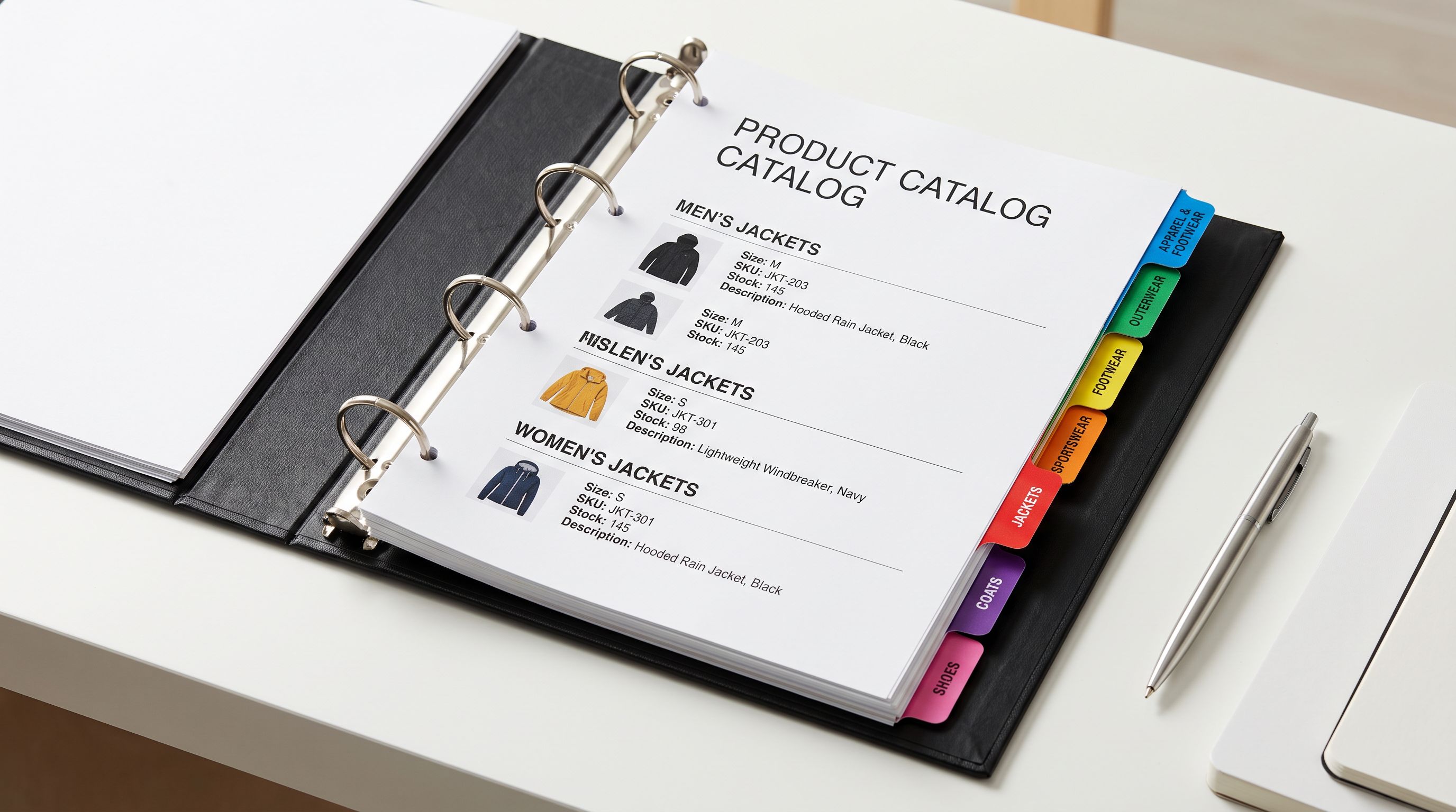A set of neatly labelled product category dividers in a ring binder on a white desk with colour-coded tabs.
