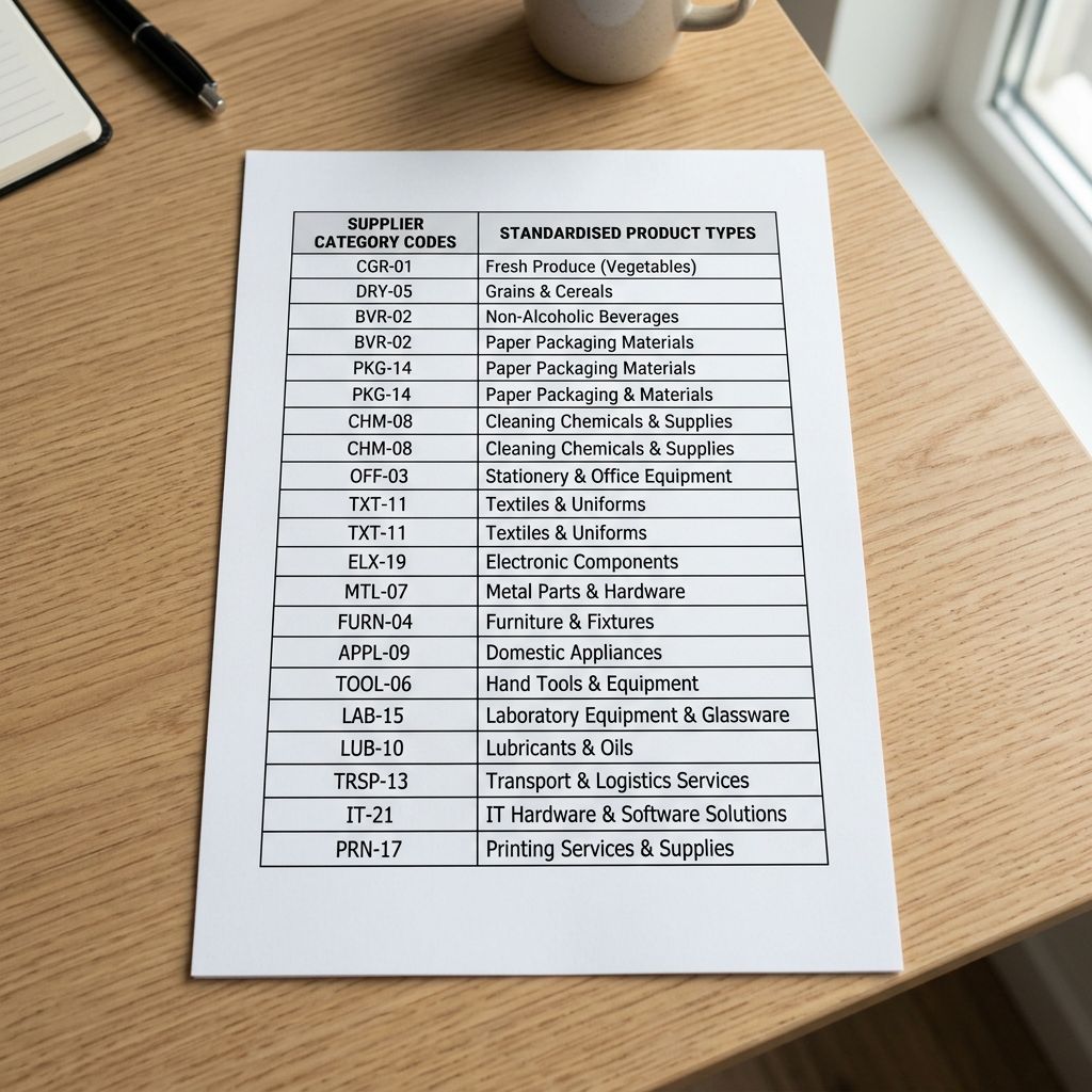 A printed A4 page showing a two-column table with supplier category codes on the left and corresponding product type taxonomy values on the right, clean format, sharp focus, colour photography.