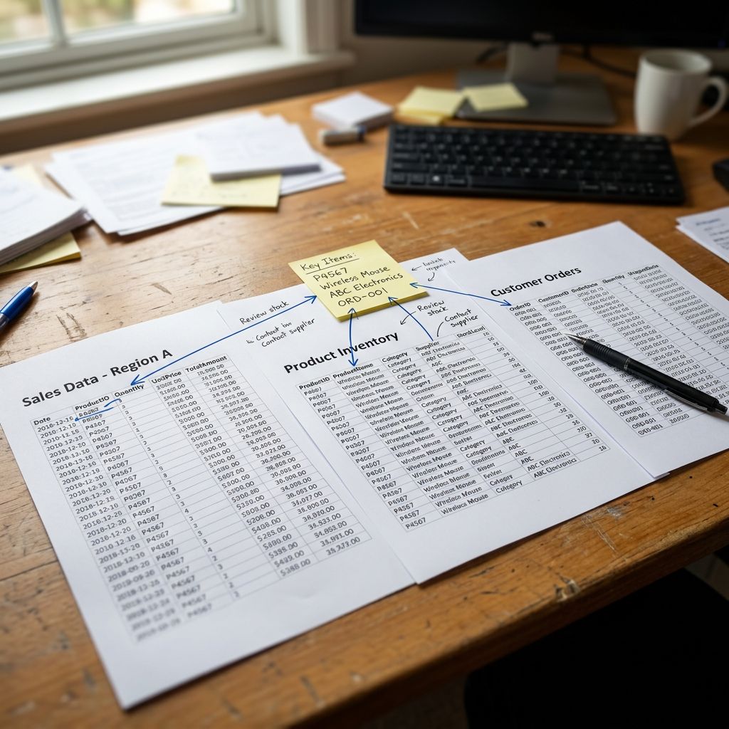 Three printed supplier CSV excerpts side by side, each showing different category column formats, with handwritten mapping annotations connecting each supplier value to a standardised taxonomy value list, sharp focus, colour photography.