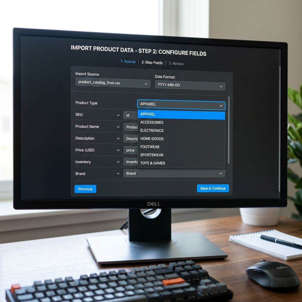 A monitor screen showing an import column mapping interface with a dropdown menu open on the Product Type field, the selected value reading a standardised taxonomy term, sharp focus on the screen, colour photography.