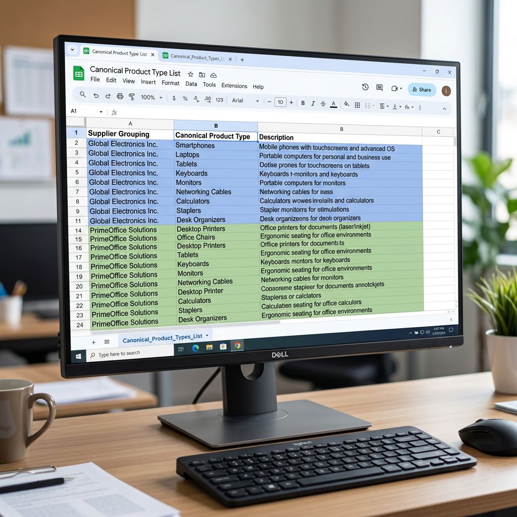 A shared spreadsheet open on a monitor showing a canonical product type list with two columns, one for the value and one for the supplier it applies to, with rows colour-coded by supplier, sharp focus on the screen, colour photography.