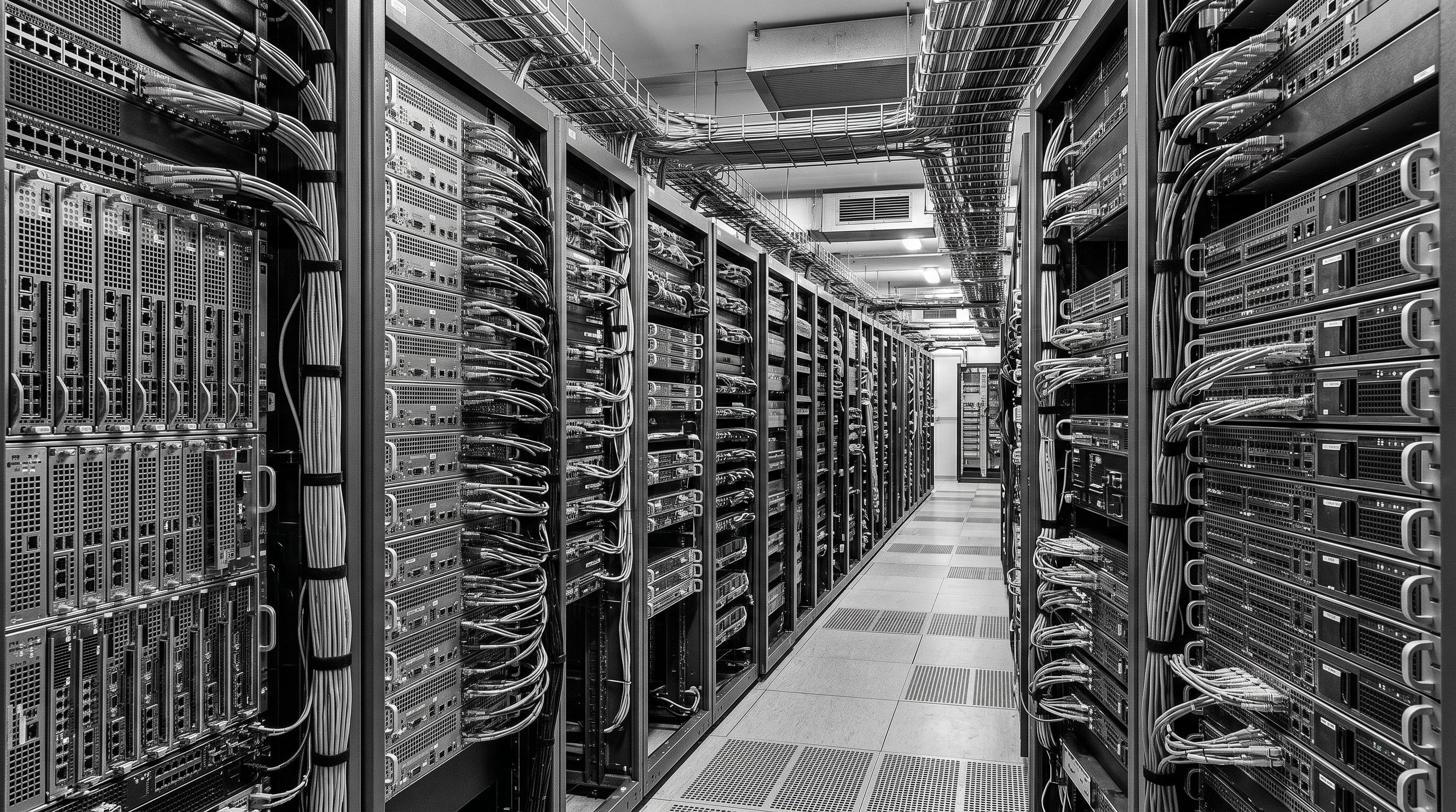 Floor-to-ceiling server rack units in a data centre with indicator lights and cables running between network switches.