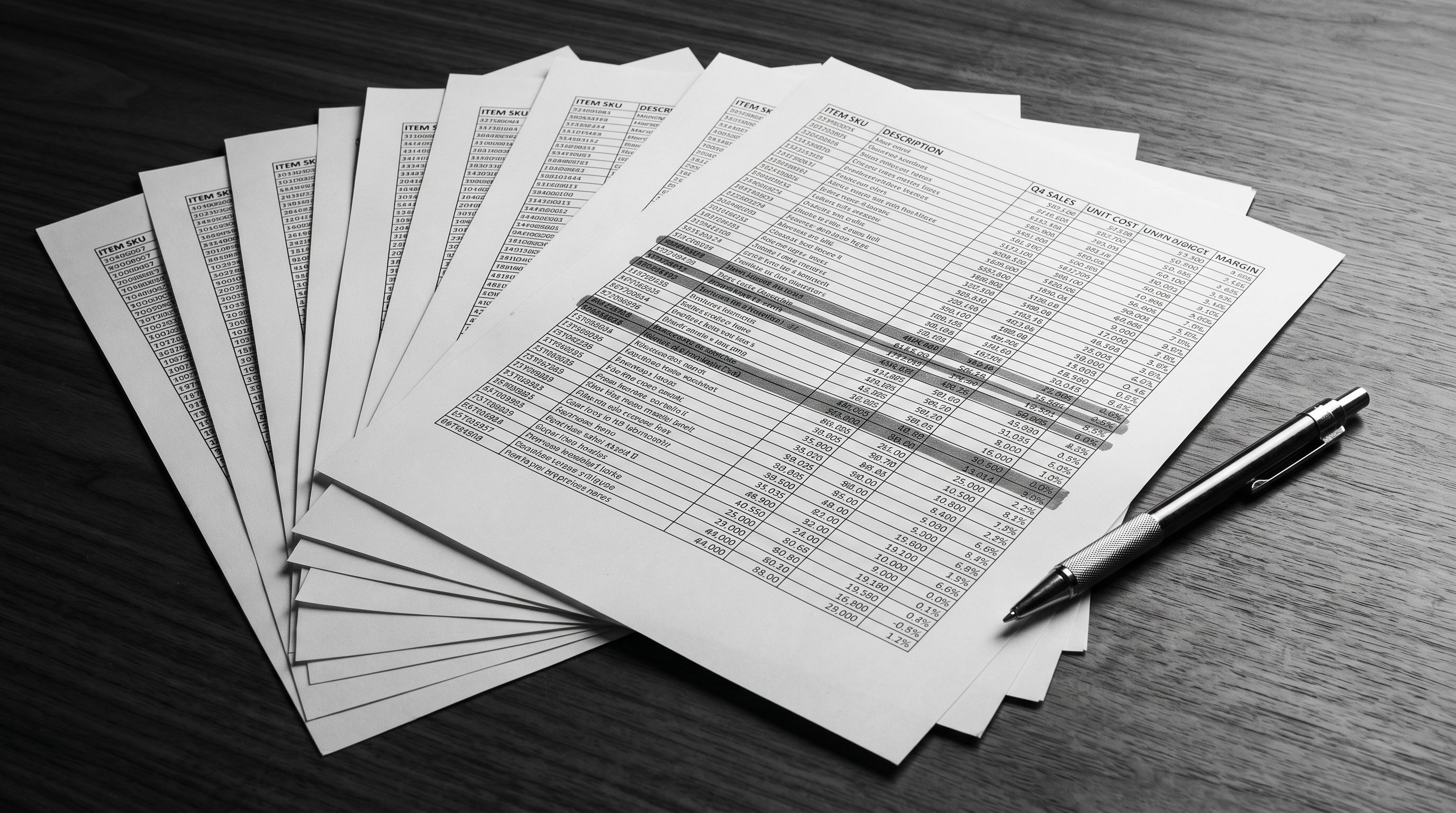 A multi-column product spreadsheet fanned out across a table with highlighted rows and a pen resting beside it.