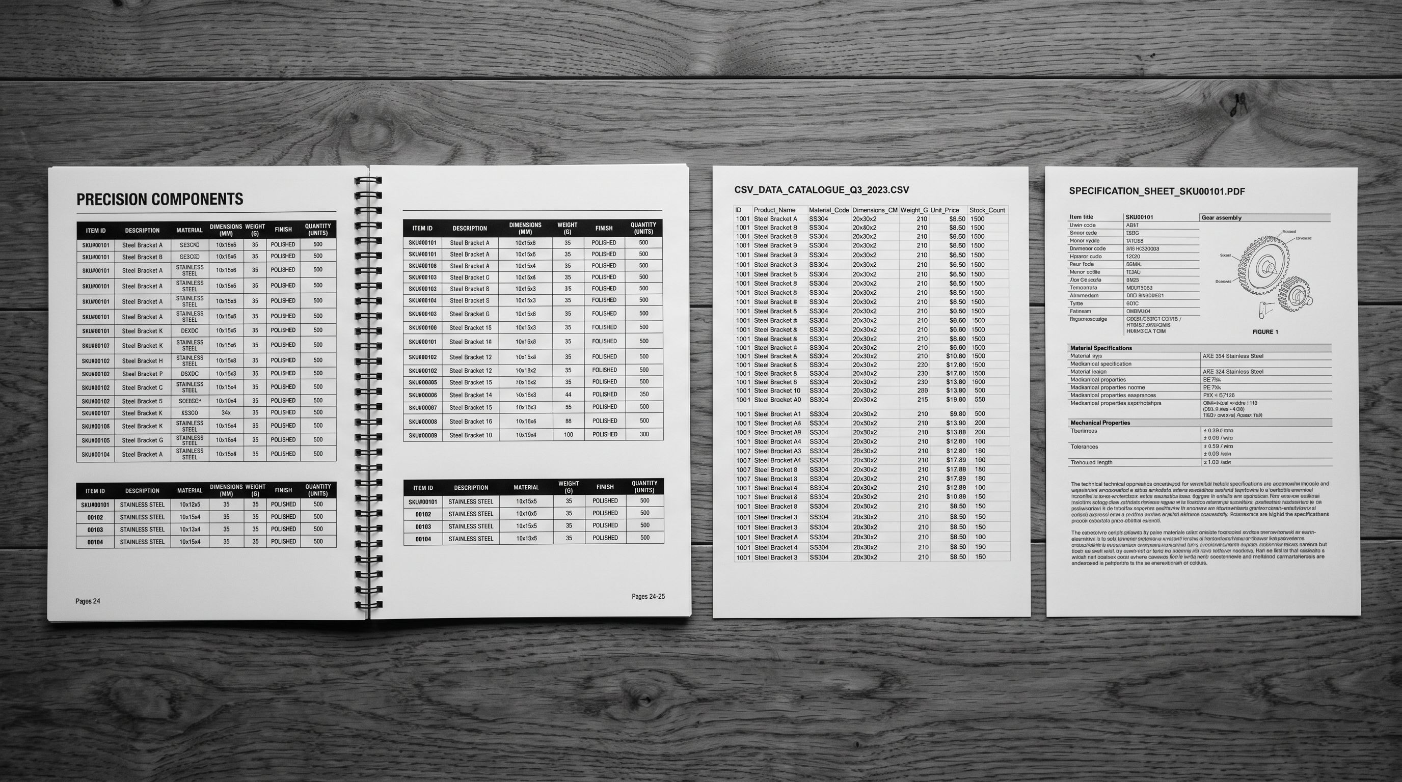 A wholesale product catalogue open to specifications pages beside a CSV printout and a PDF document laid flat on a desk.