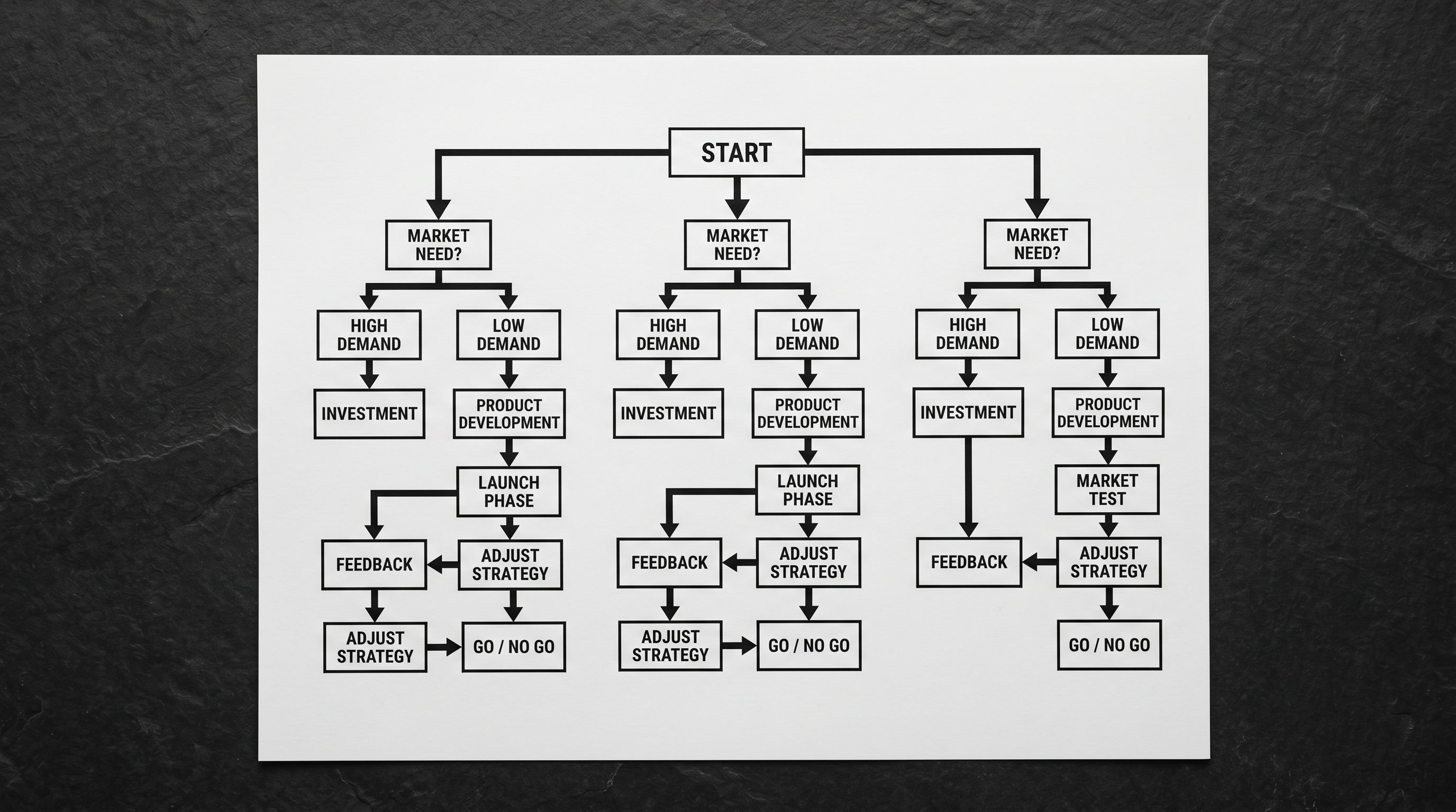 A printed decision tree diagram on white paper with three branching paths and labelled decision boxes.