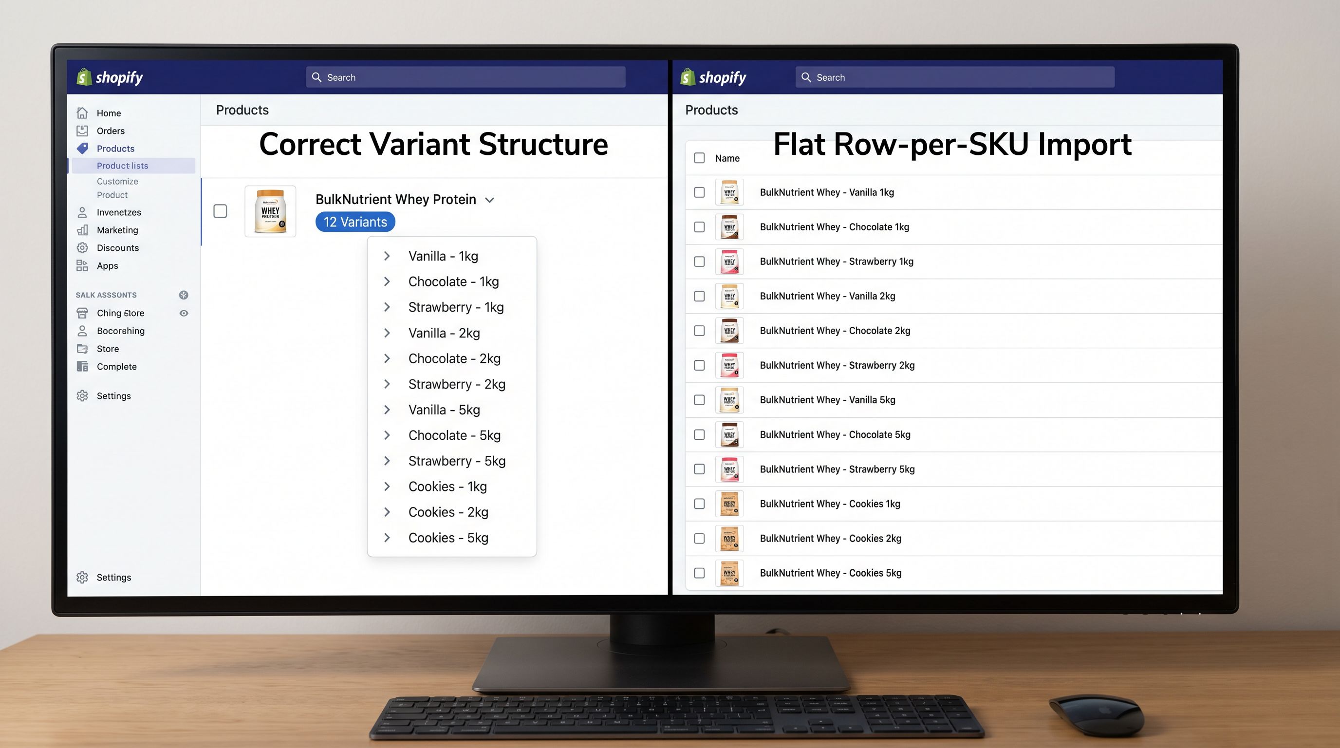 A Shopify admin products list on a large monitor showing two groups of products side by side: the left group showing a protein powder product with 12 variants visible in the variant count column representing correct grouping of flavour and weight combinations, and the right group showing 12 separate product records for the same flavour-weight combinations imported as individual products, demonstrating the difference between correct variant structure and flat row-per-SKU import, everything in sharp focus no blur no depth of field, colour photography.