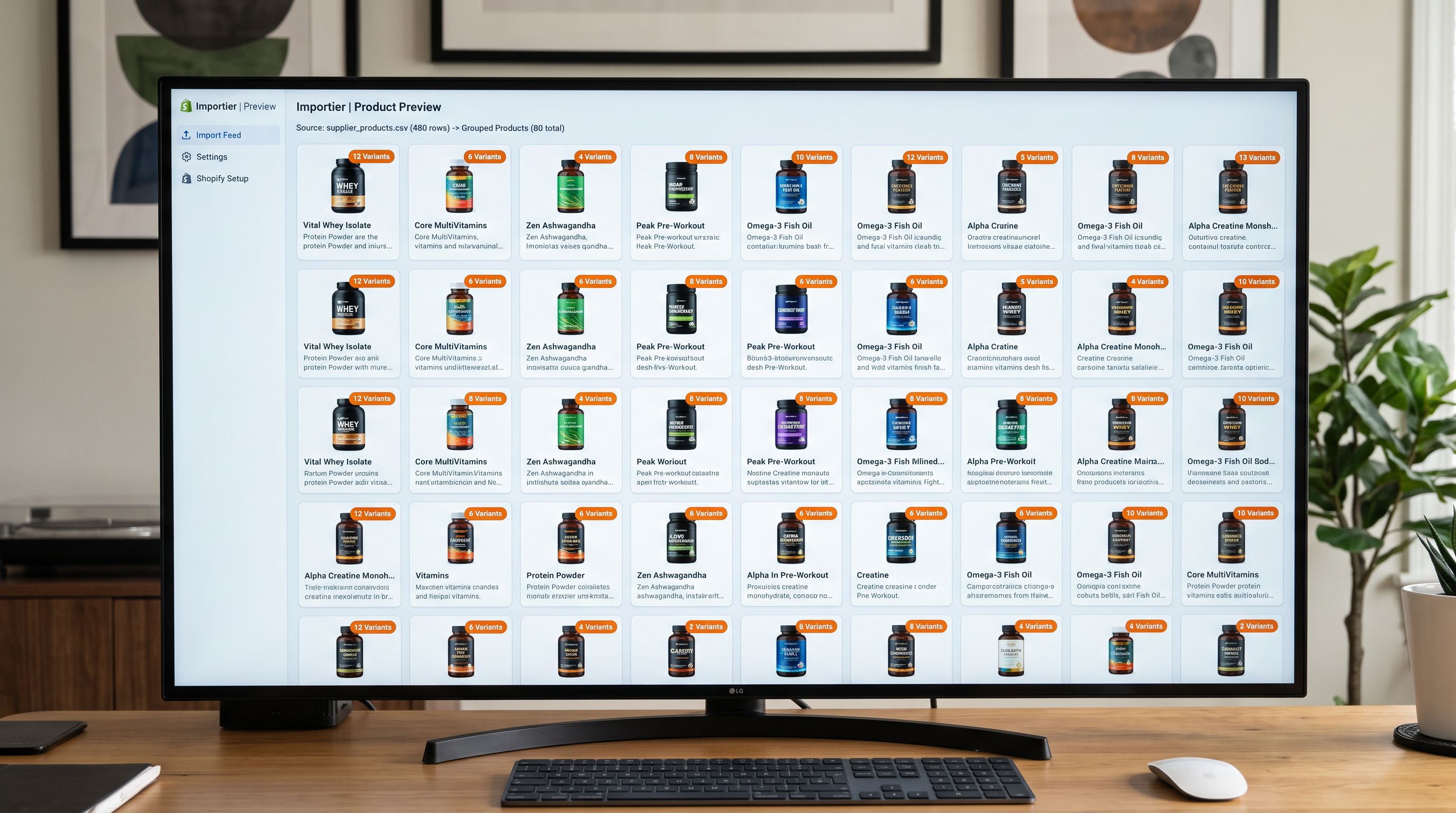 An Importier import preview screen on a large monitor showing 80 grouped product cards, each card displaying the product name with a variant count badge showing values like 12 variants or 6 variants, representing how the preview step shows correctly detected variant groupings from a 480-row supplier CSV before any product is committed to Shopify, everything in sharp focus no blur no depth of field, colour photography.