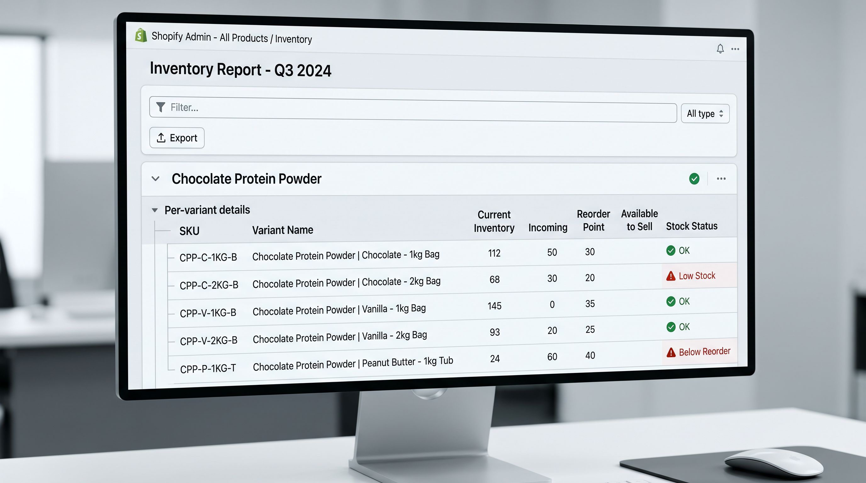 A Shopify inventory report on a large monitor showing a supplement product called Chocolate Protein Powder with an expanded variant breakdown listing all flavour and weight combinations with their individual inventory quantities and reorder points, demonstrating how correct variant structure enables product-line inventory reporting with per-variant detail, everything in sharp focus no blur no depth of field, colour photography.
