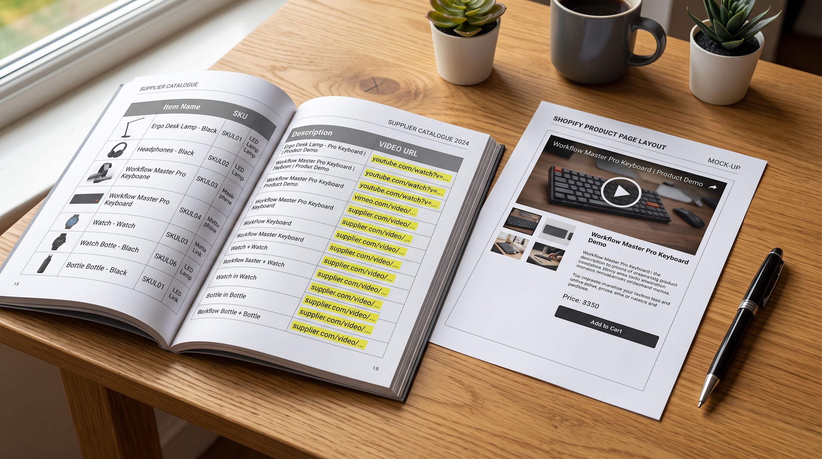 A printed product catalogue spread on a clean desk beside a printed workflow diagram showing video URL columns mapped to product pages, representing the bulk video attachment process for a Shopify product import.