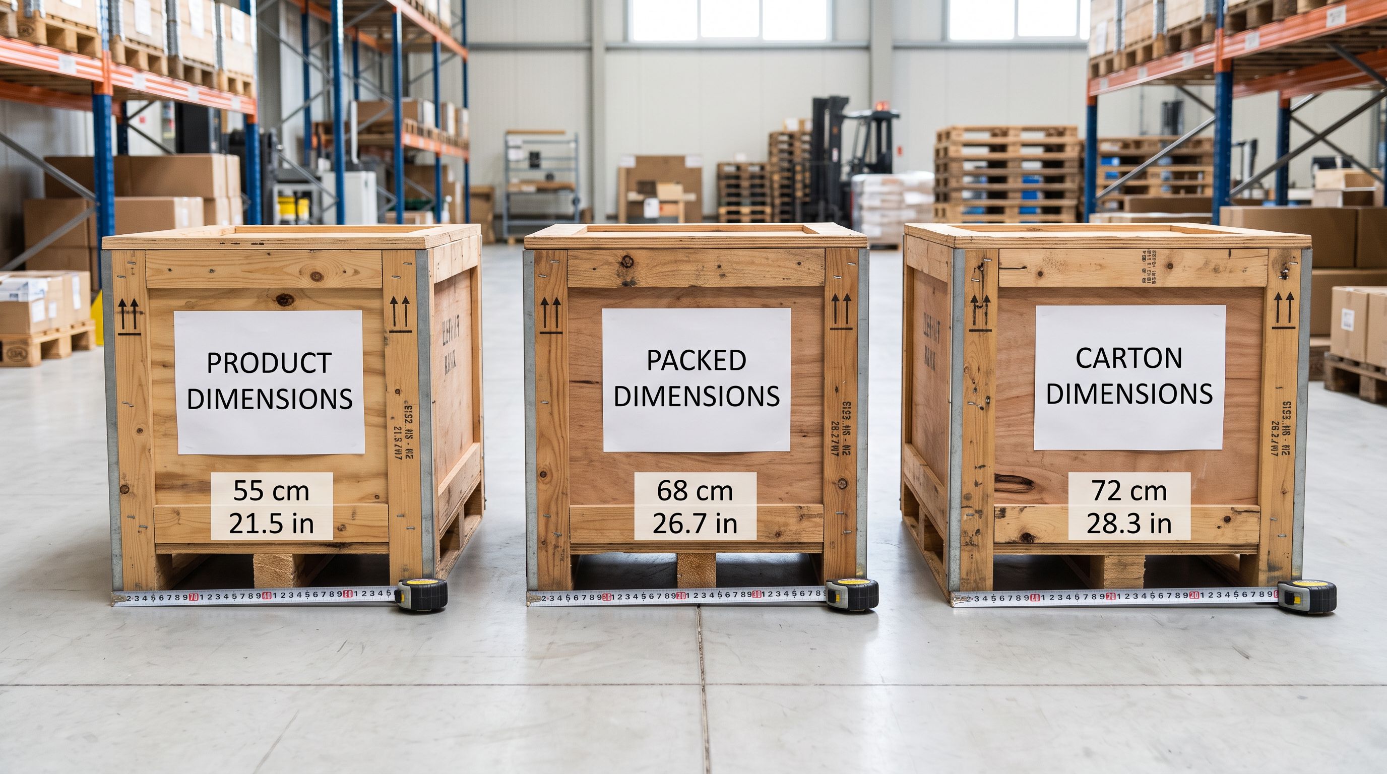 A side-by-side illustration of three wooden crates labelled Product Dimensions, Packed Dimensions, and Carton Dimensions with a tape measure shown against each, placed on a clean warehouse floor, sharp focus, colour photography.