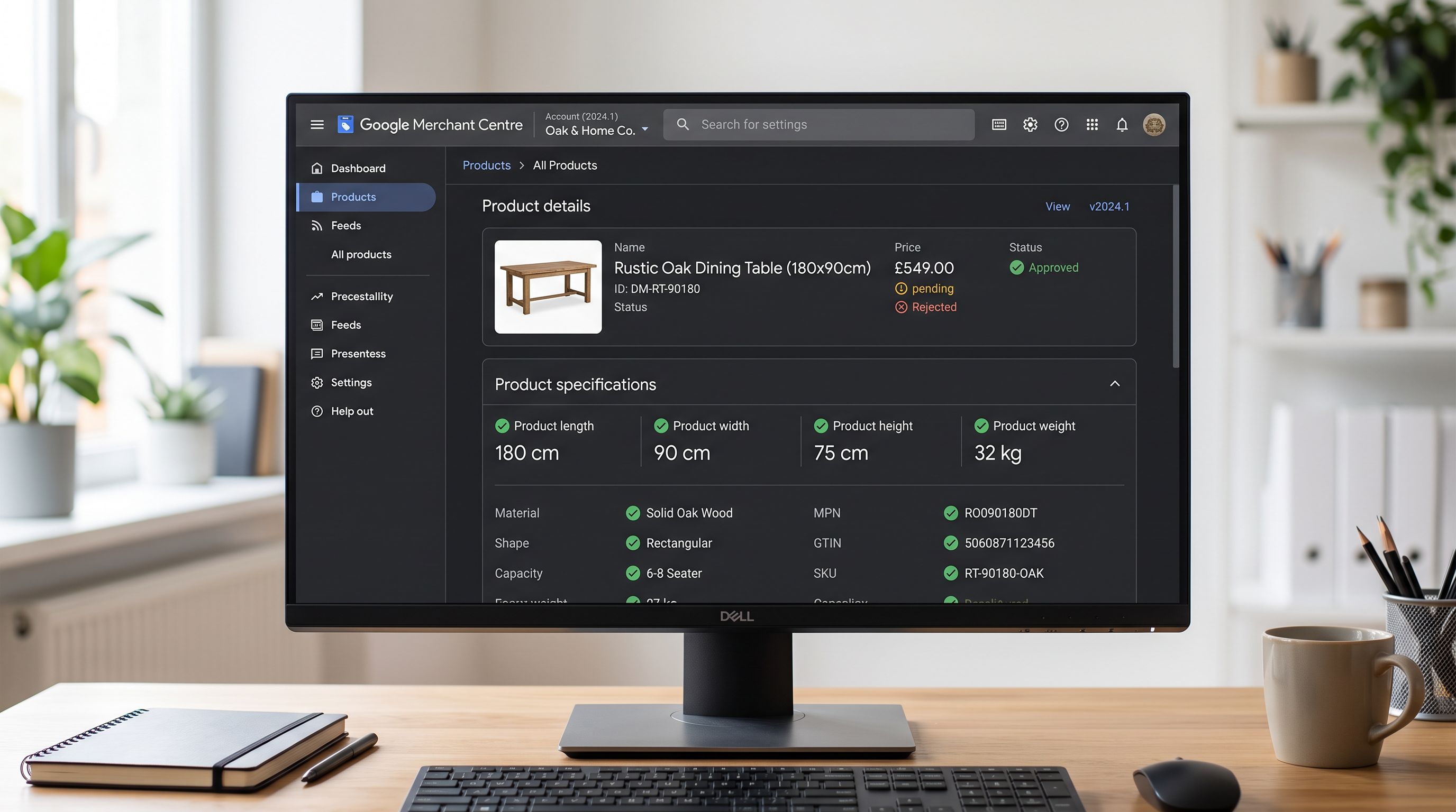 A monitor screen showing a Google Merchant Centre product listing with product specification attributes populated: product length 180 cm, product width 90 cm, product height 75 cm, product weight 32 kg, all fields shown as approved, sharp focus, colour photography.