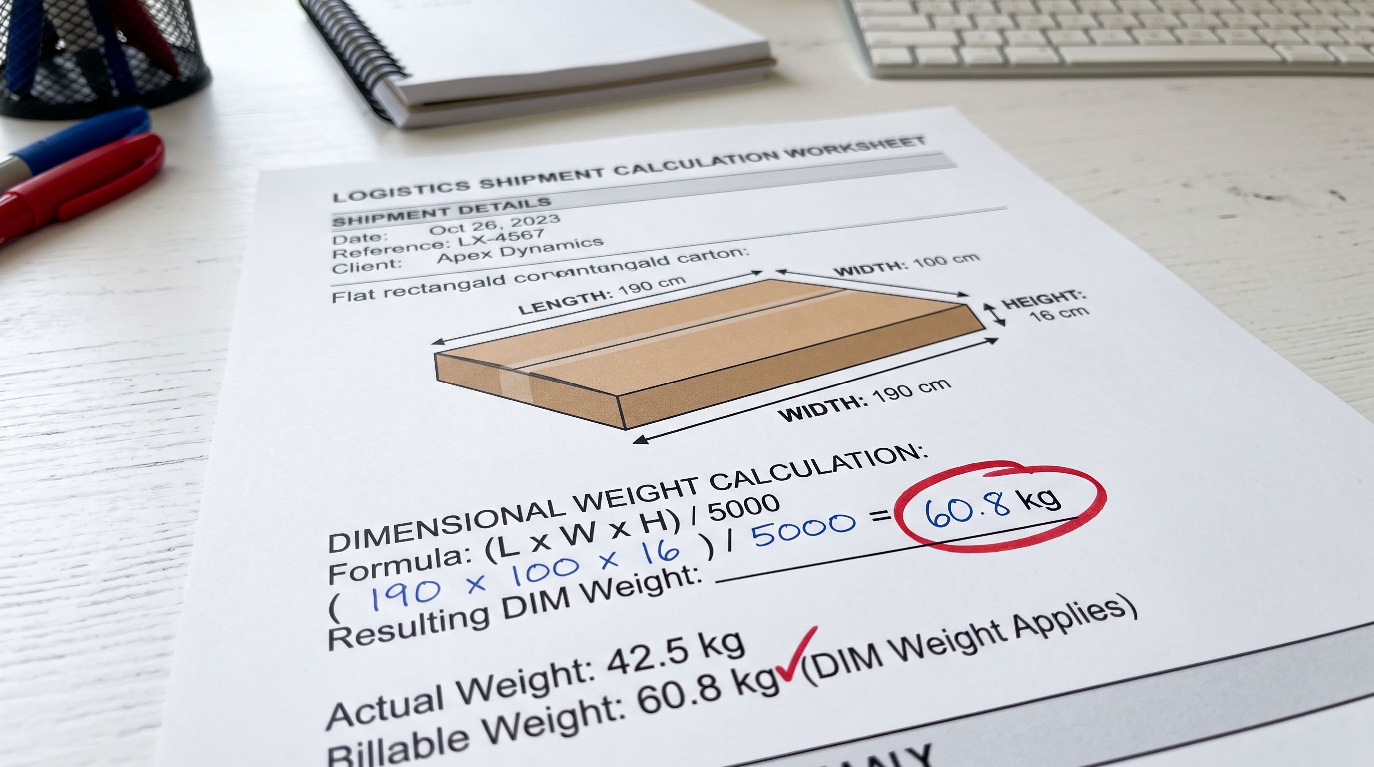 A logistics calculator screen showing DIM weight calculation for a flat-pack furniture carton: length 190 cm, width 100 cm, height 16 cm, DIM factor 5000, DIM weight 60.8 kg, actual weight 32 kg, billable weight 60.8 kg highlighted in red, sharp focus, colour photography.