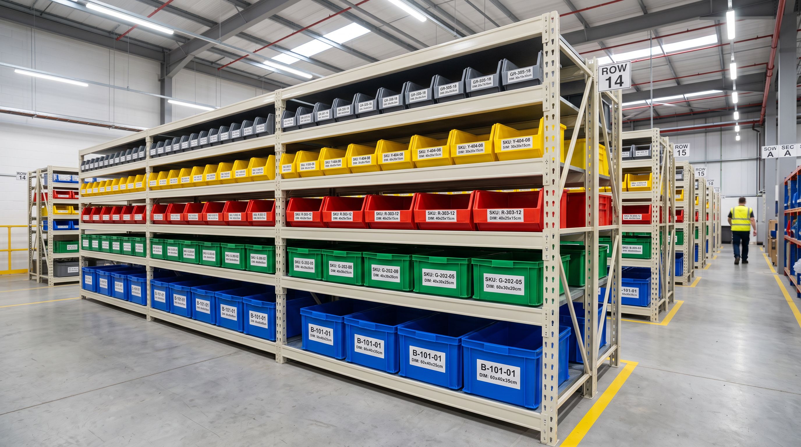 A warehouse aisle with shelving bins showing correctly sized bins for different product carton sizes, each bin labelled with SKU codes and packed dimension measurements printed on small cards, bright warehouse lighting, sharp focus, colour photography.