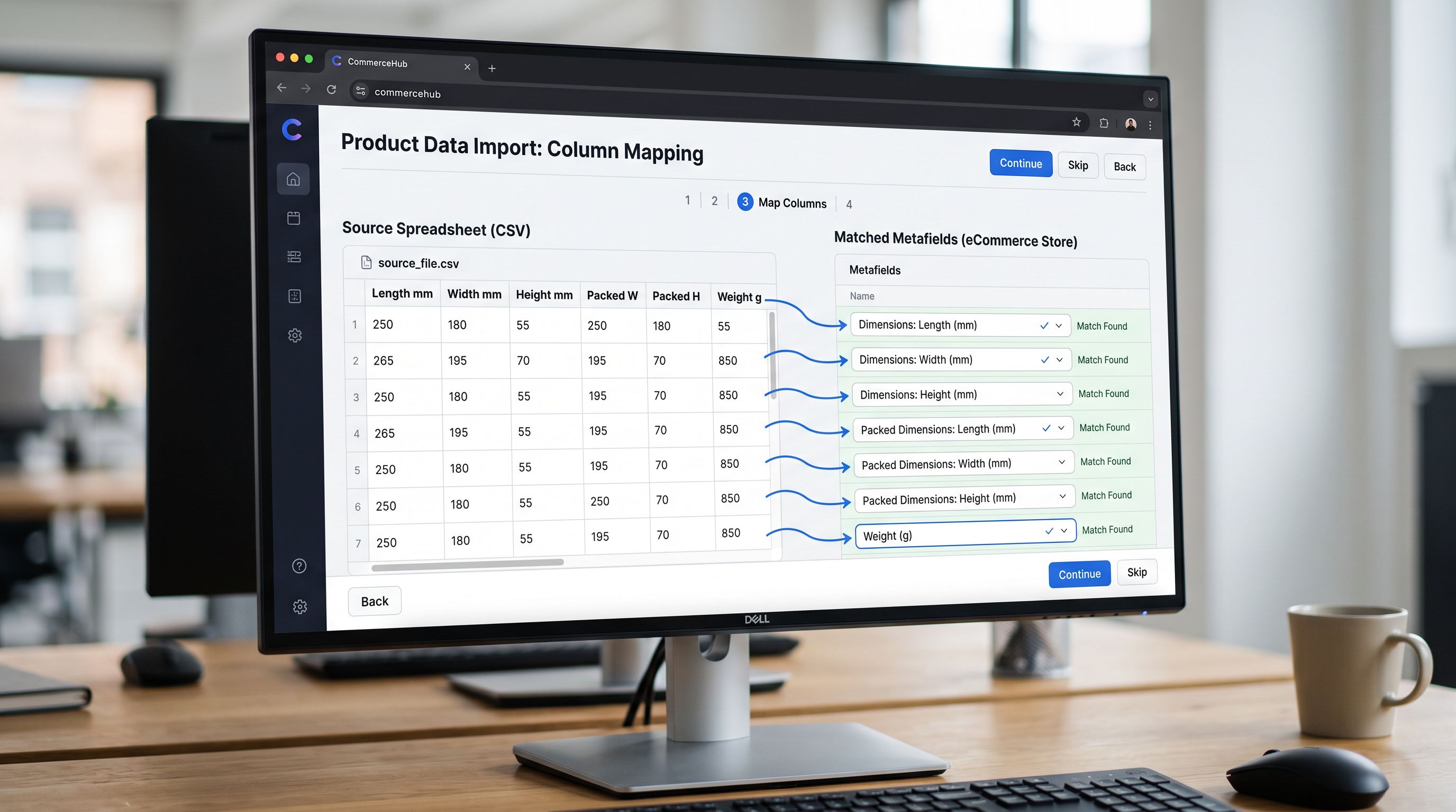 A monitor screen showing the Importier column mapping interface with supplier columns on the left: Length mm, Width mm, Height mm, Packed L, Packed W, Packed H, Weight g, each column connected by arrows to the corresponding Shopify metafield on the right, sharp focus, colour photography.