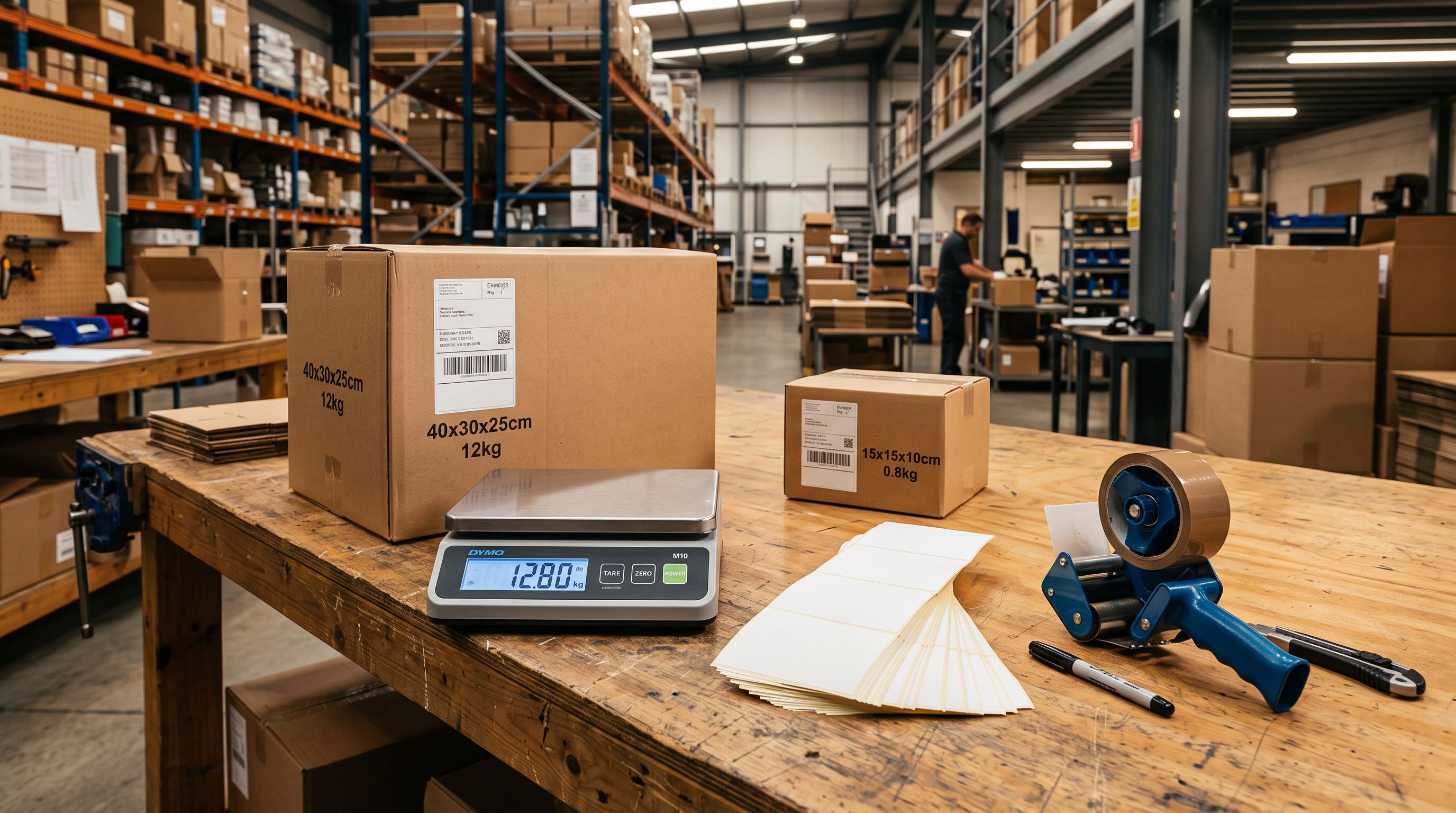 A commercial packing bench with two cardboard boxes of different sizes, a digital parcel scale showing a weight reading, and shipping labels fanned out on the surface.