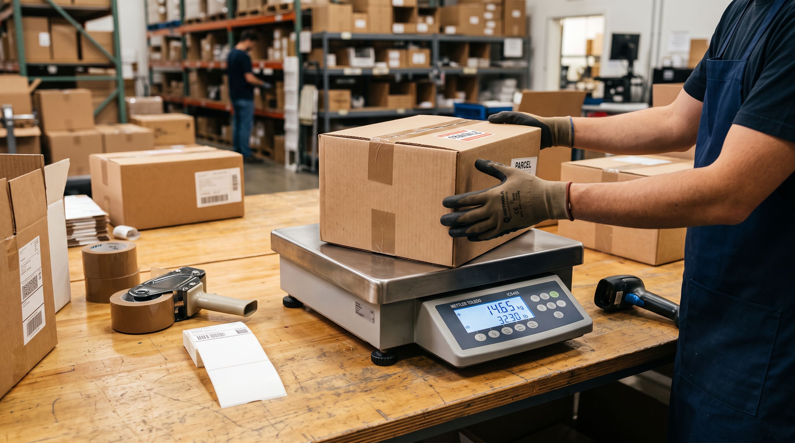A commercial postal scale on a warehouse bench with a cardboard shipping box being weighed, showing weight measurement for order fulfilment.