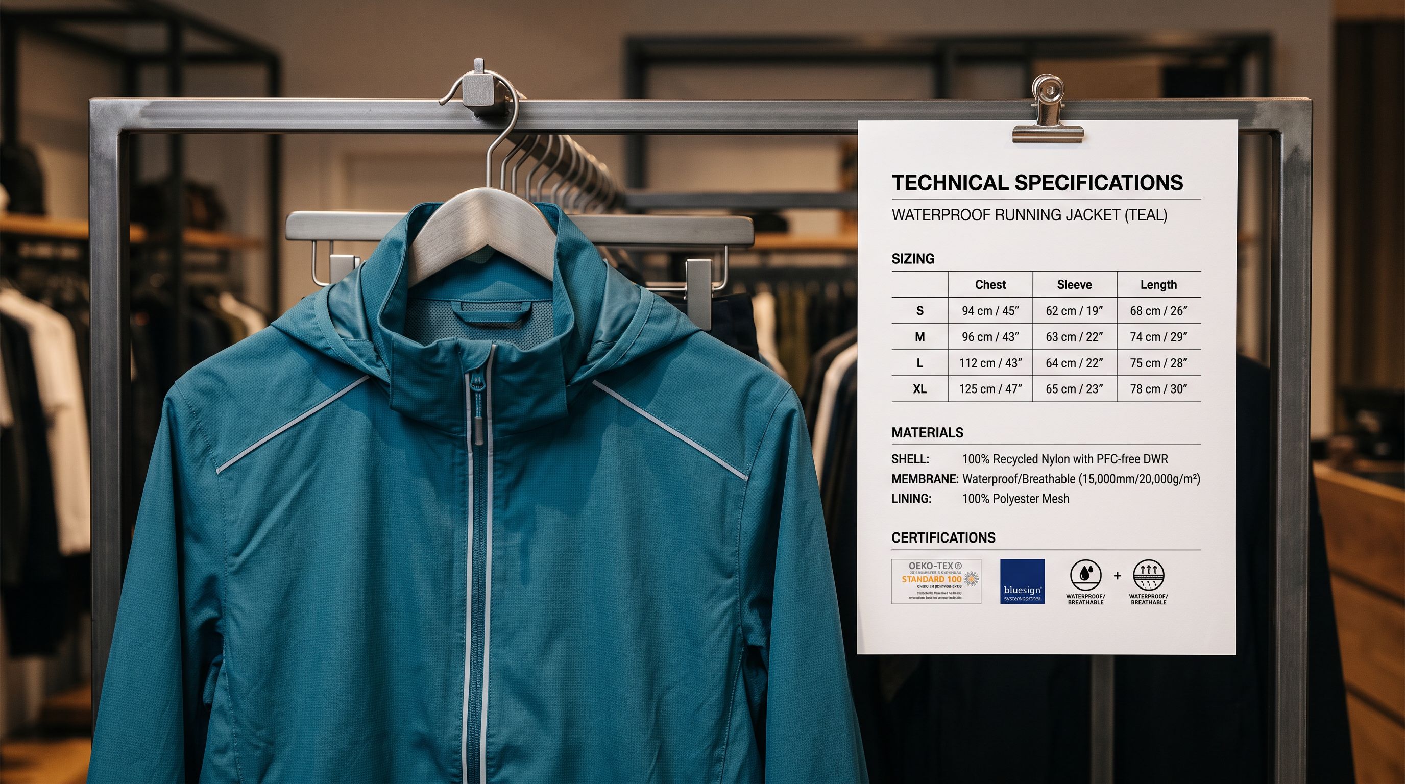 Close-up of a waterproof running jacket in teal hanging on a retail rack beside a printed product specification sheet showing measurement data, material names, and certification marks.