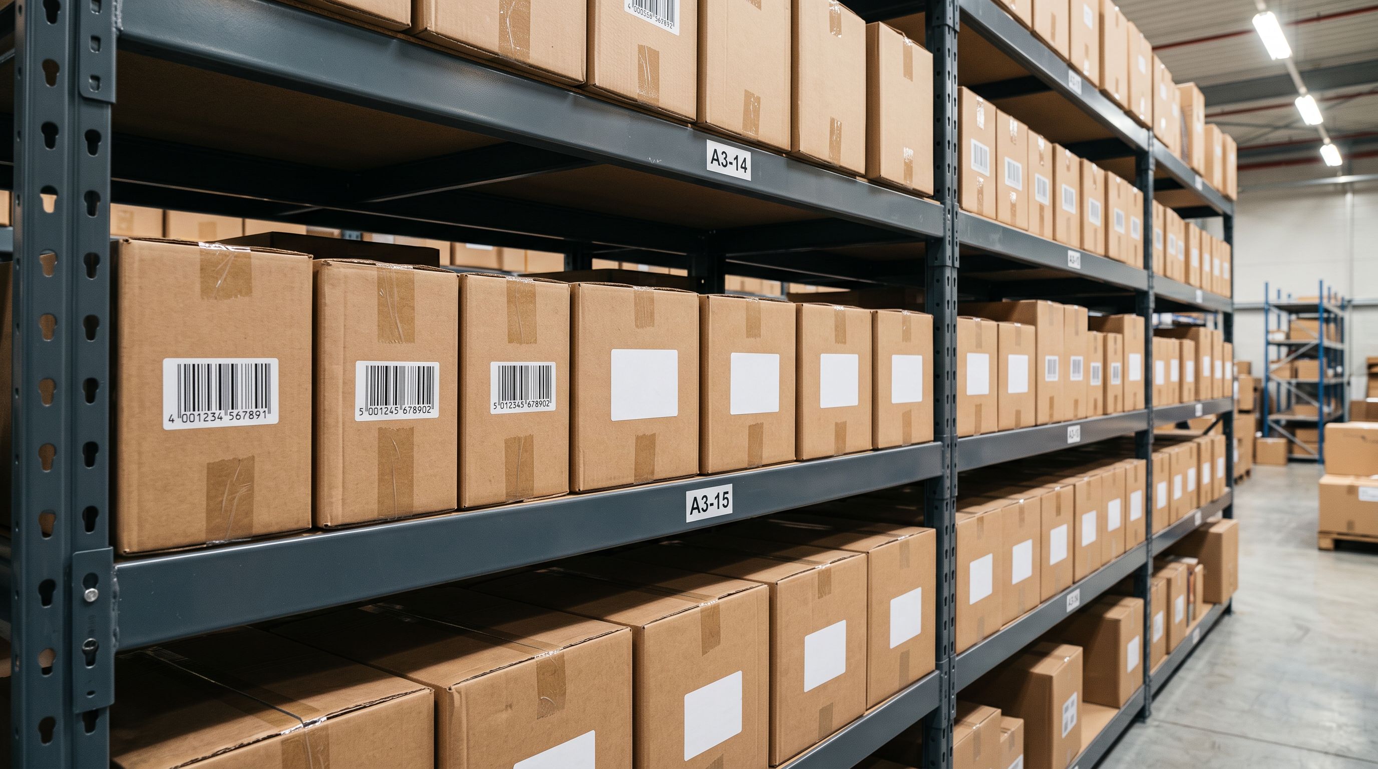 Rows of product boxes on a grey warehouse shelf, some boxes with printed barcode labels clearly visible and some with blank white label spaces, under bright overhead lighting.