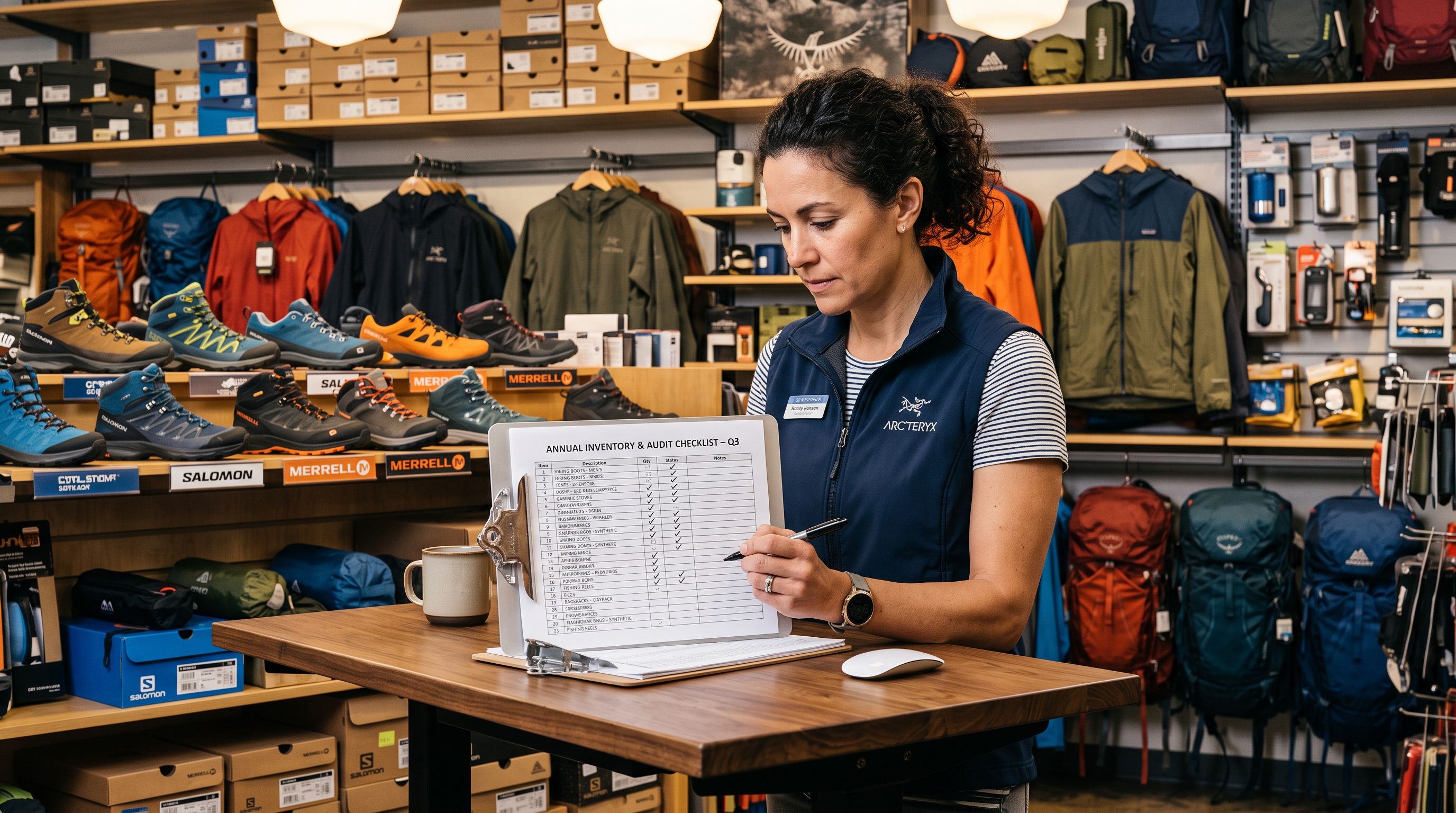 Merchant at a standing desk reviewing a printed product audit checklist on a clipboard with several items checked off, shelves of outdoor sporting goods products visible in the background.