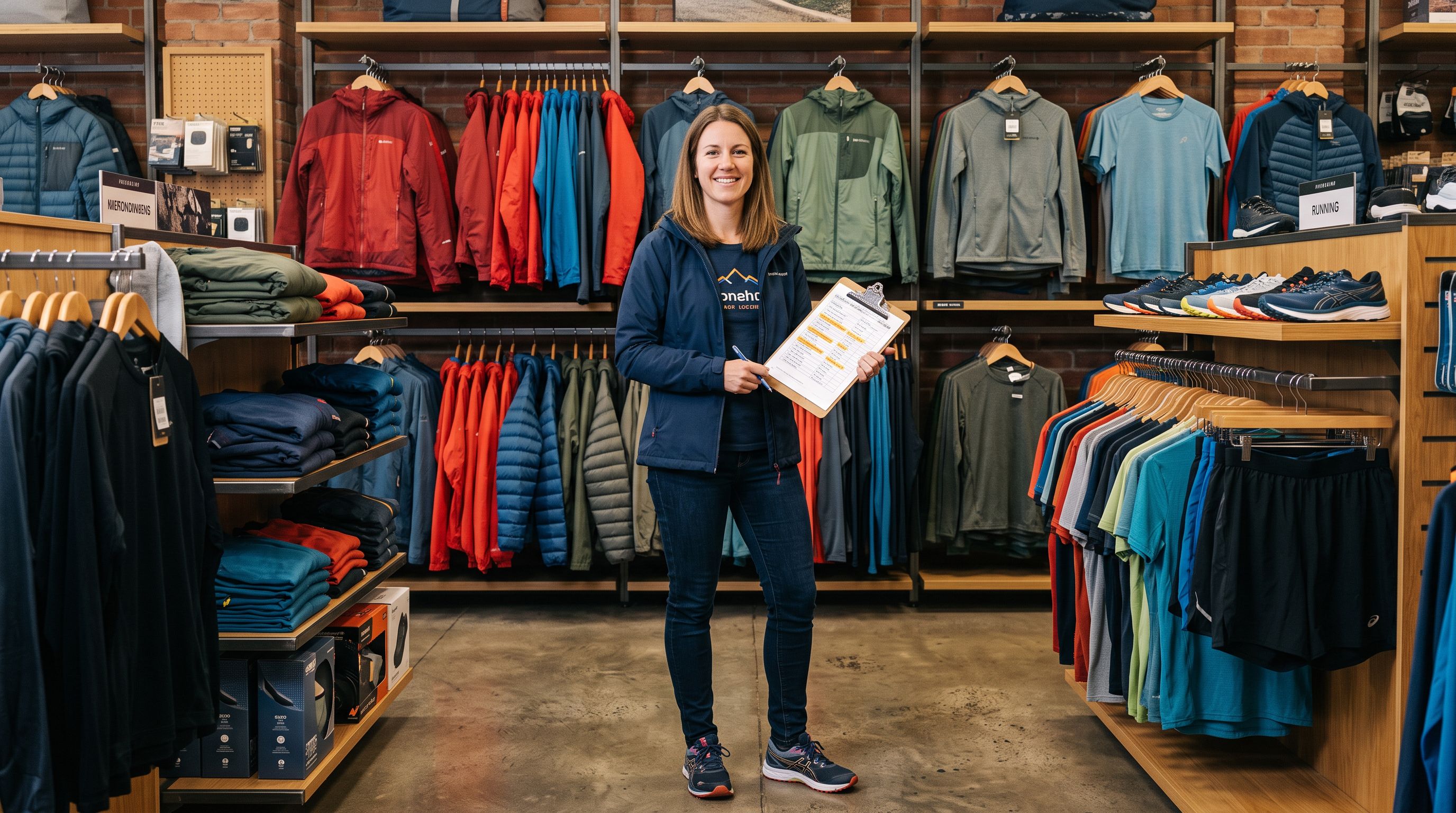 Small business owner standing in a sportswear retail shop holding a printed product checklist, shelves of outdoor jackets and running gear visible behind her.